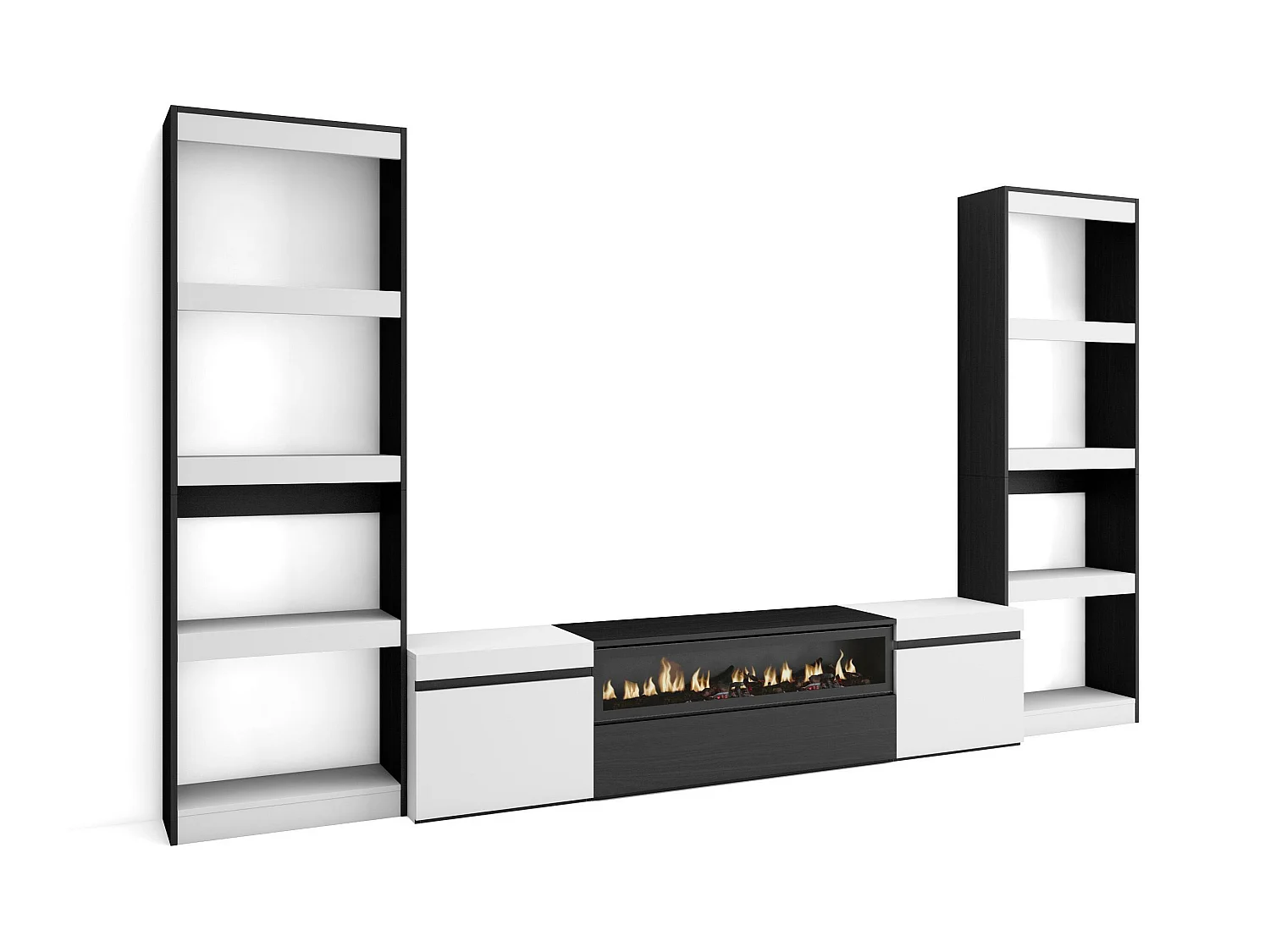 Ensemble Meuble TV, 320x186x35cm, Pour les TV jusqu'à 80", Cheminée électrique, Blanc et noir