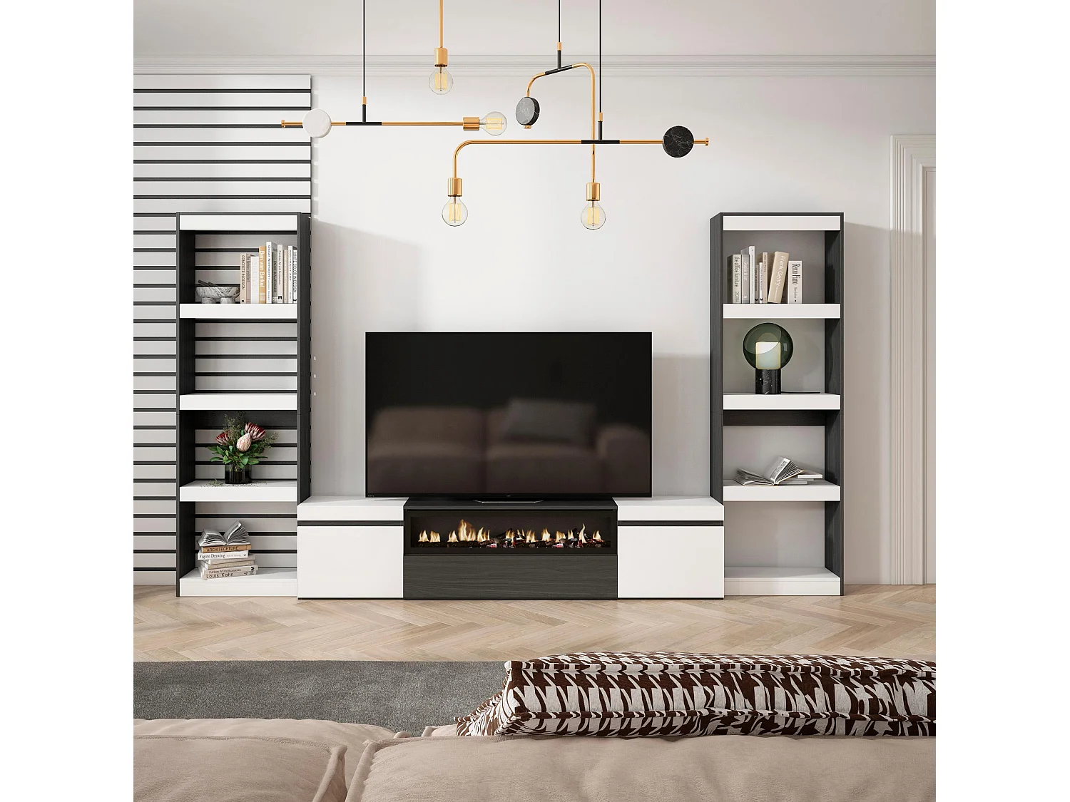Ensemble Meuble TV, 320x186x35cm, Pour les TV jusqu'à 80", Cheminée électrique, Blanc et noir