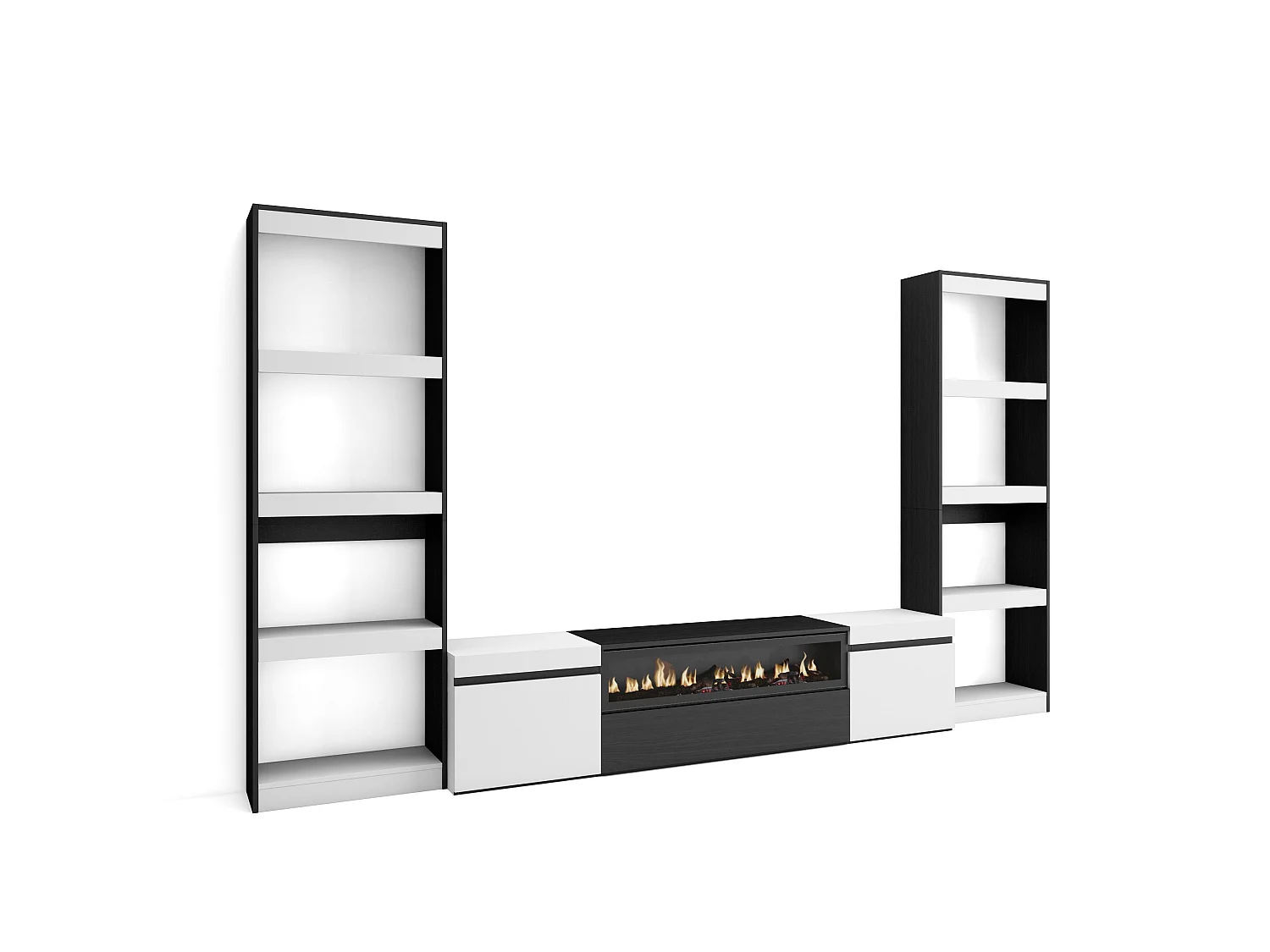 Ensemble Meuble TV, 320x186x35cm, Pour les TV jusqu'à 80", Cheminée électrique, Blanc et noir