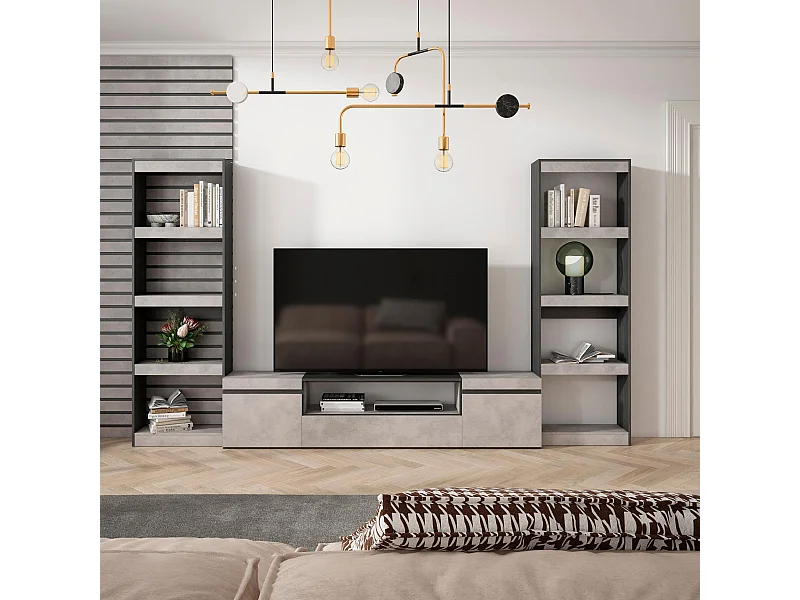 Wohnwand Wohnzimmer, 320x35x186cm, Für TV-Geräte bis zu 80", Wohnzimmer Möbel , Zement