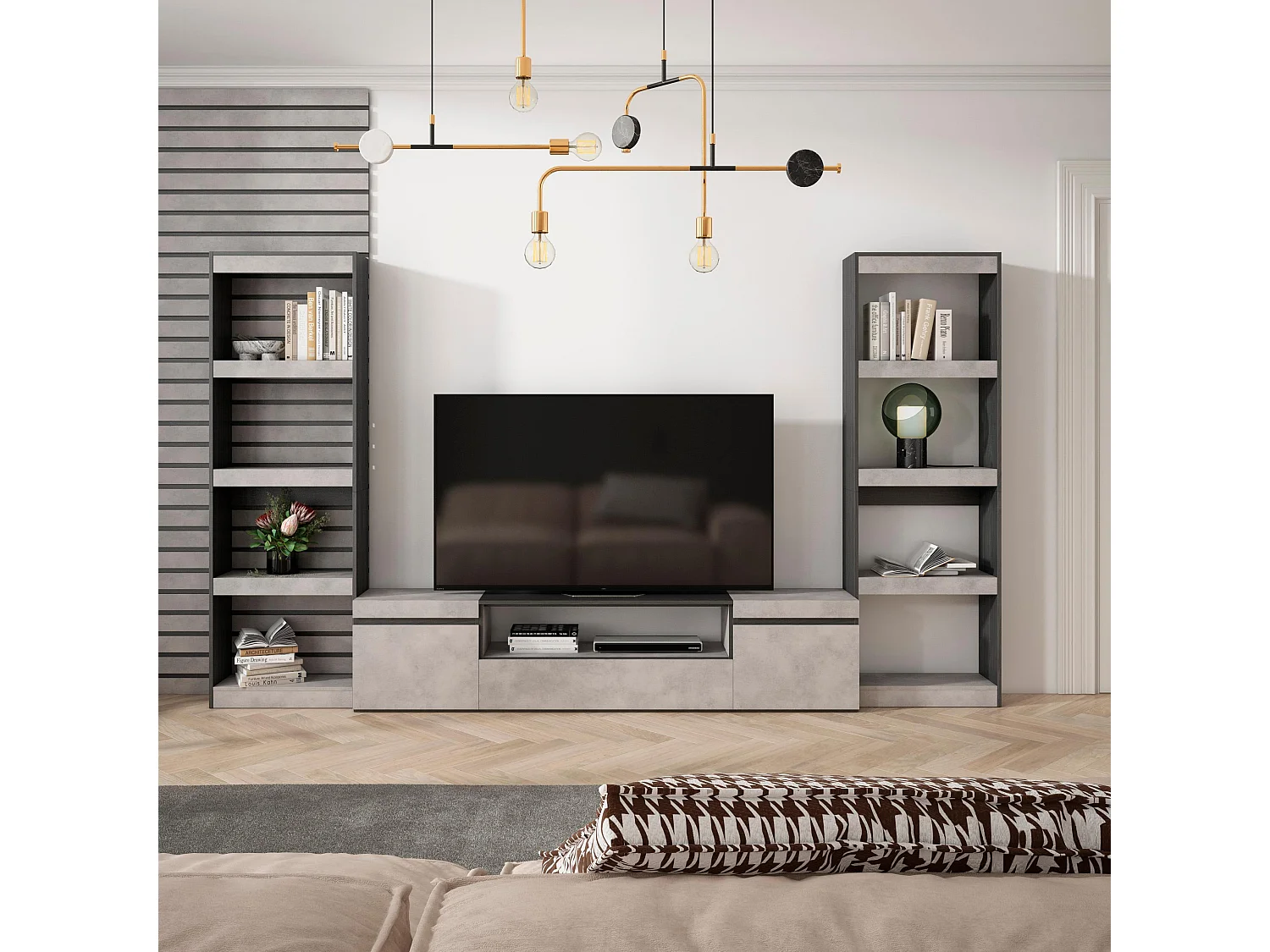 Conjunto de móveis TV, 320x35x186cm, Para televisores até 80", Estante para TV, Cimento