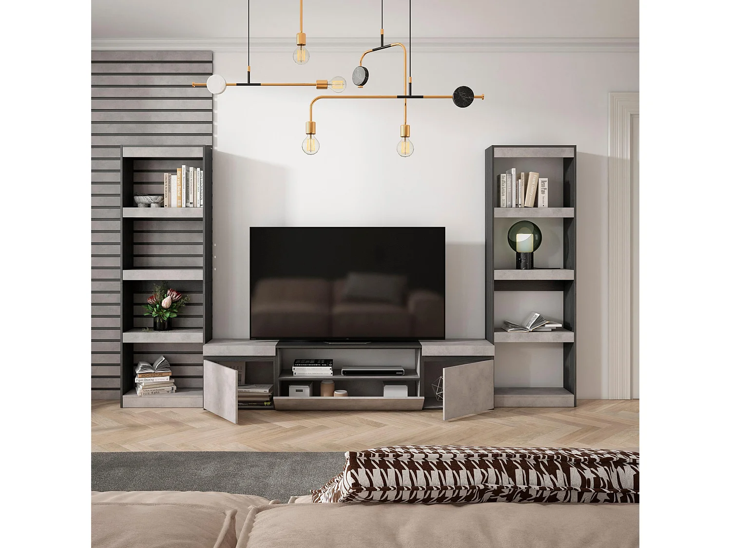 Conjunto de móveis TV, 320x35x186cm, Para televisores até 80", Estante para TV, Cimento