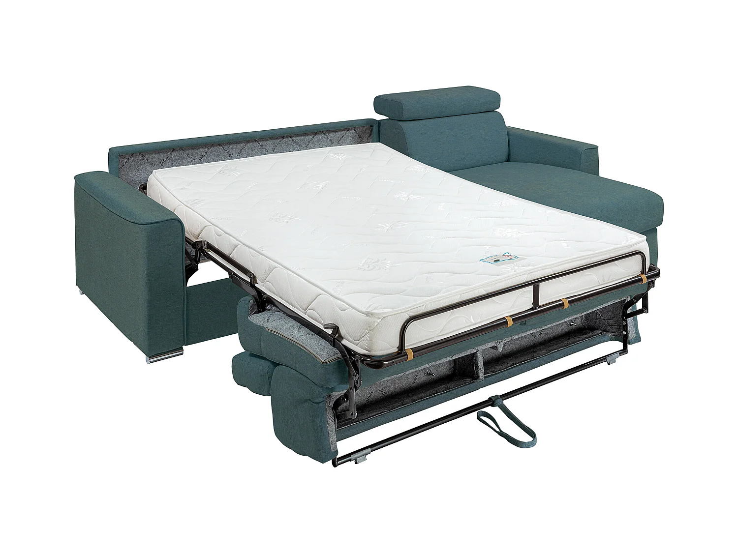 Vendbar hjørnesofa til soveplads med blå stof - Med brede lameller på 160 cm - 14 cm madras - VIZIR