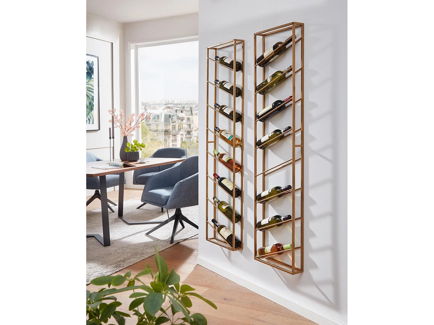 Casier à Vin Mural Métal Doré 36x150x8cm Étagère Porte-bouteilles Étroit