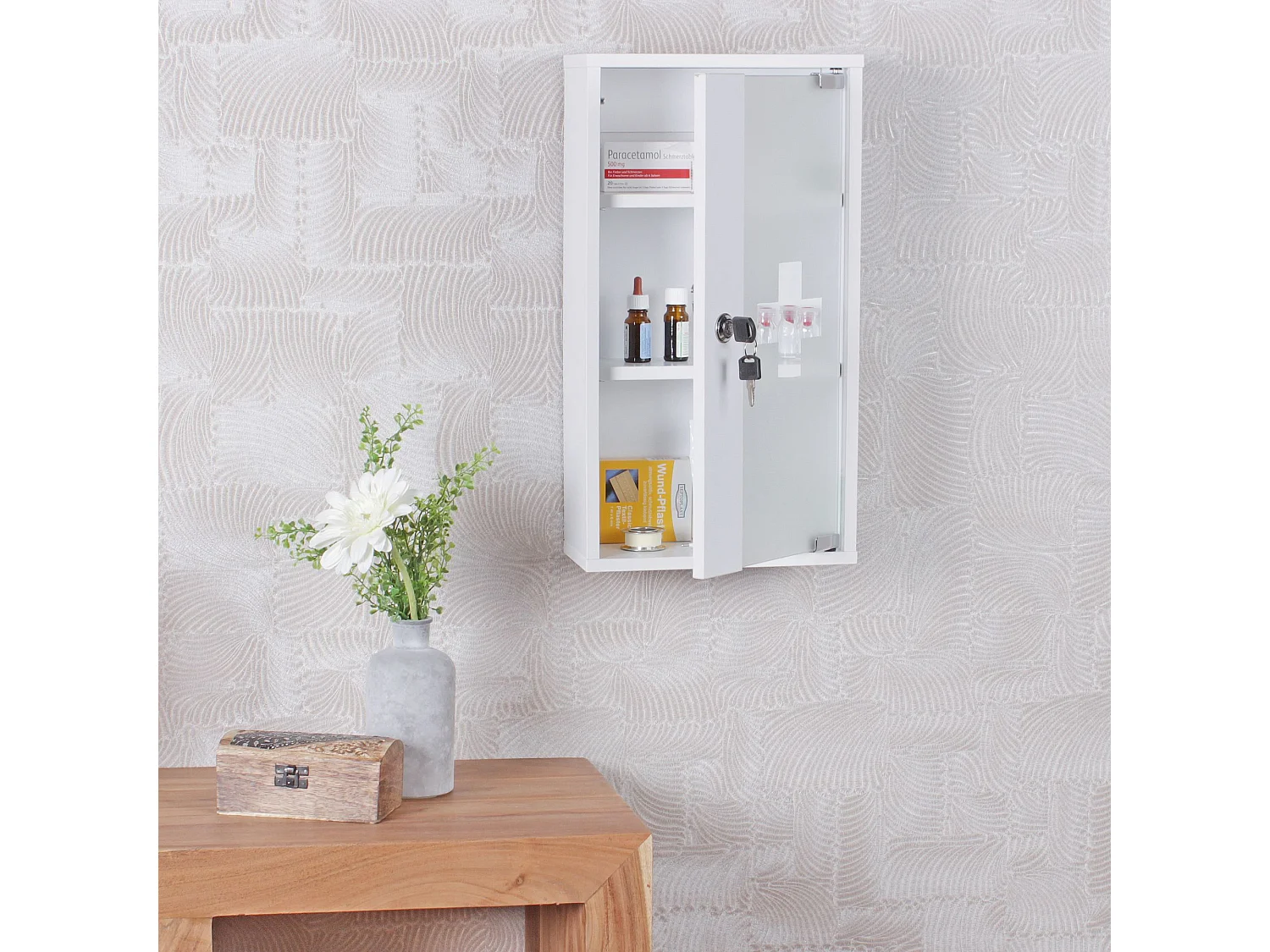 Armoire de Pharmacie à clé Murale Blanche 26x48x12cm Étagère Médicaments