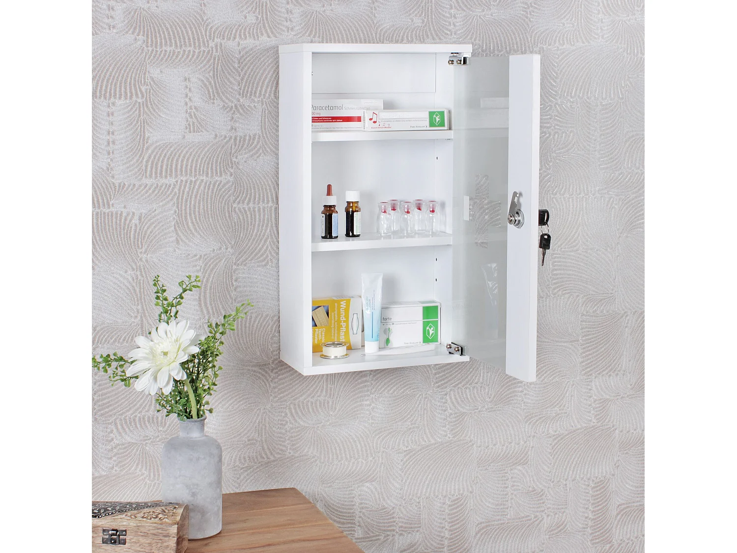 Armoire de Pharmacie à clé Murale Blanche 26x48x12cm Étagère Médicaments