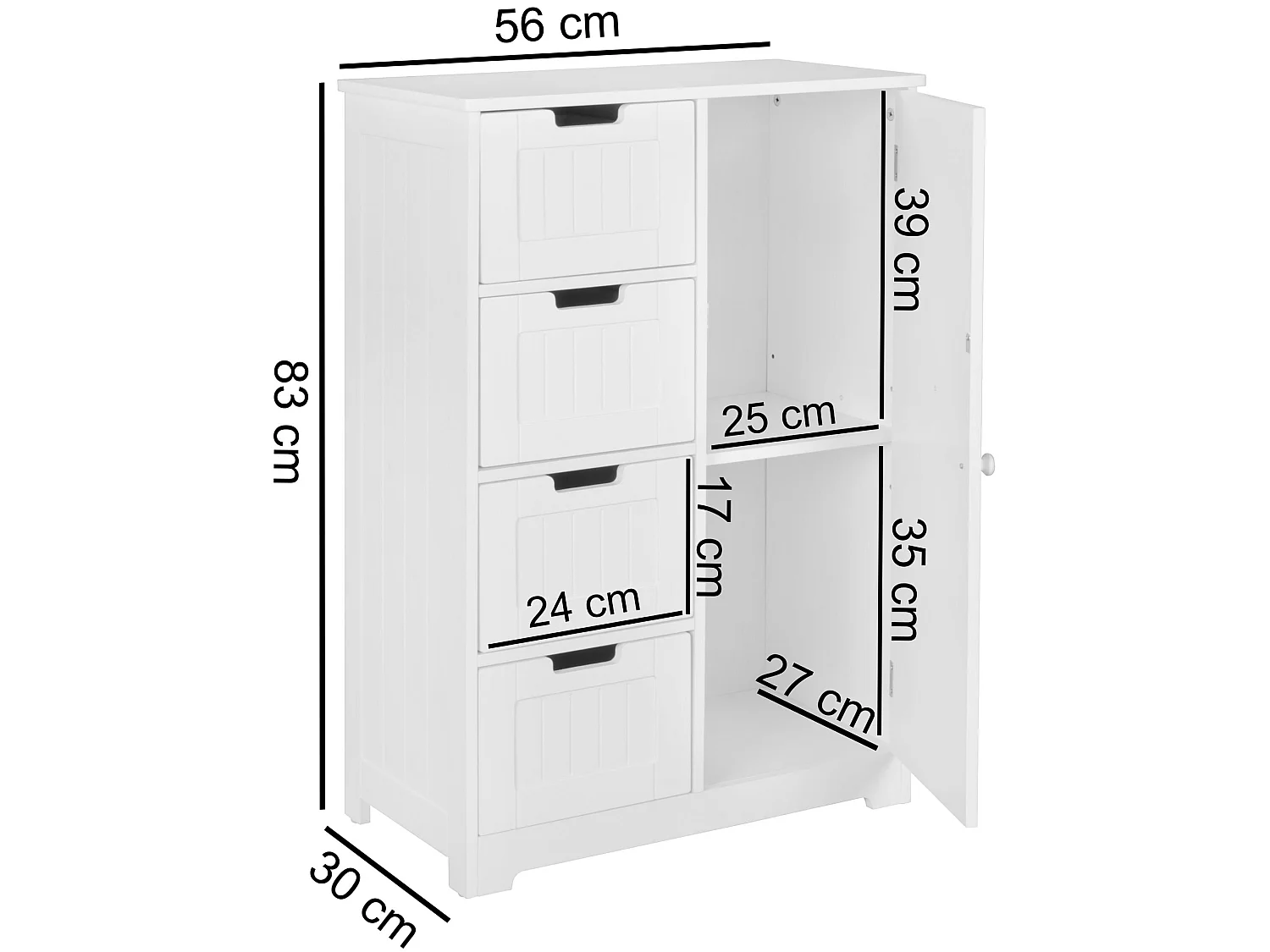 Mobiletto Bagno Salvaspazio Bianco 56x83x30 cm Armadio con 4 Cassetti