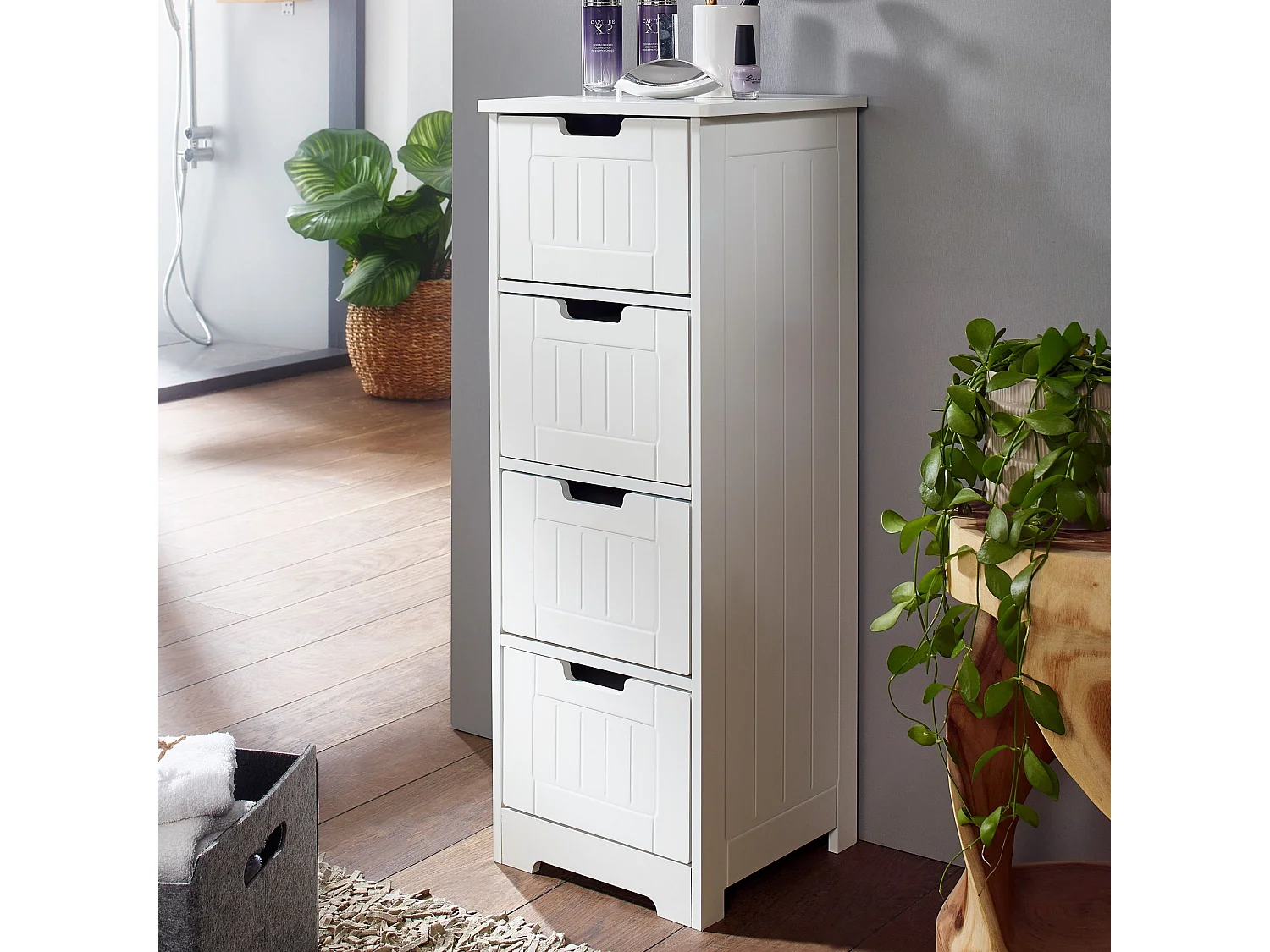 Badschrank Landhaus Badezimmerschrank Holz weiß Schubladen Beistellschrank klein