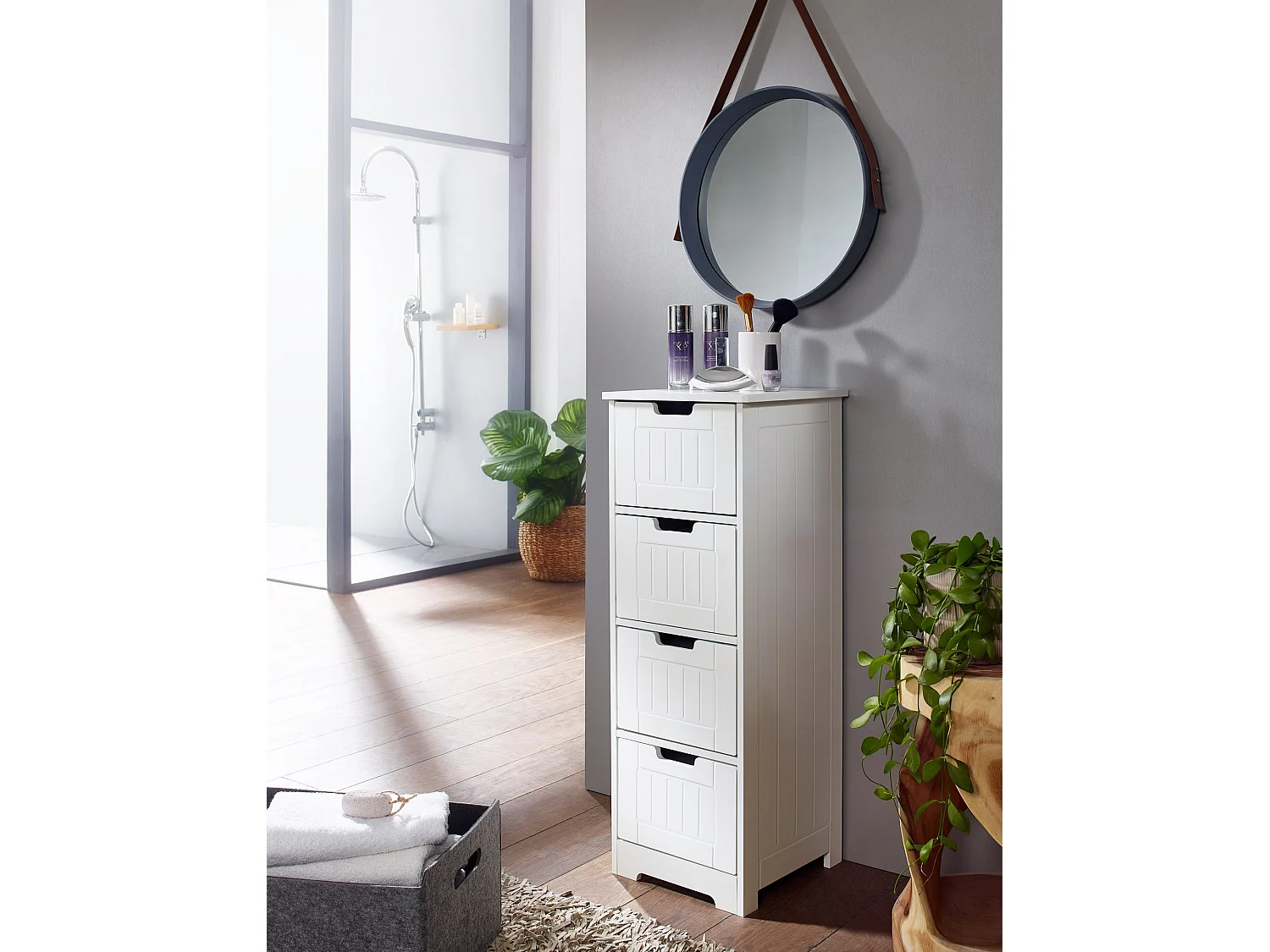 Badschrank Landhaus Badezimmerschrank Holz weiß Schubladen Beistellschrank klein