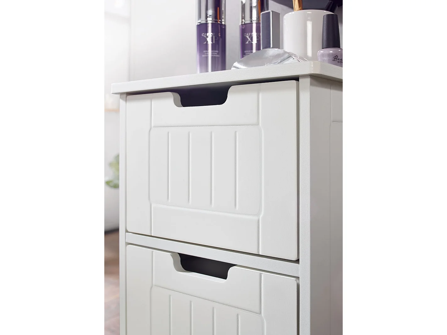 Badschrank Landhaus Badezimmerschrank Holz weiß Schubladen Beistellschrank klein