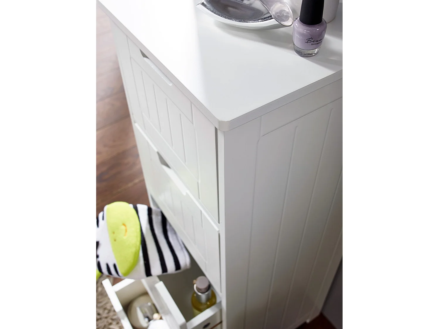 Badschrank Landhaus Badezimmerschrank Holz weiß Schubladen Beistellschrank klein