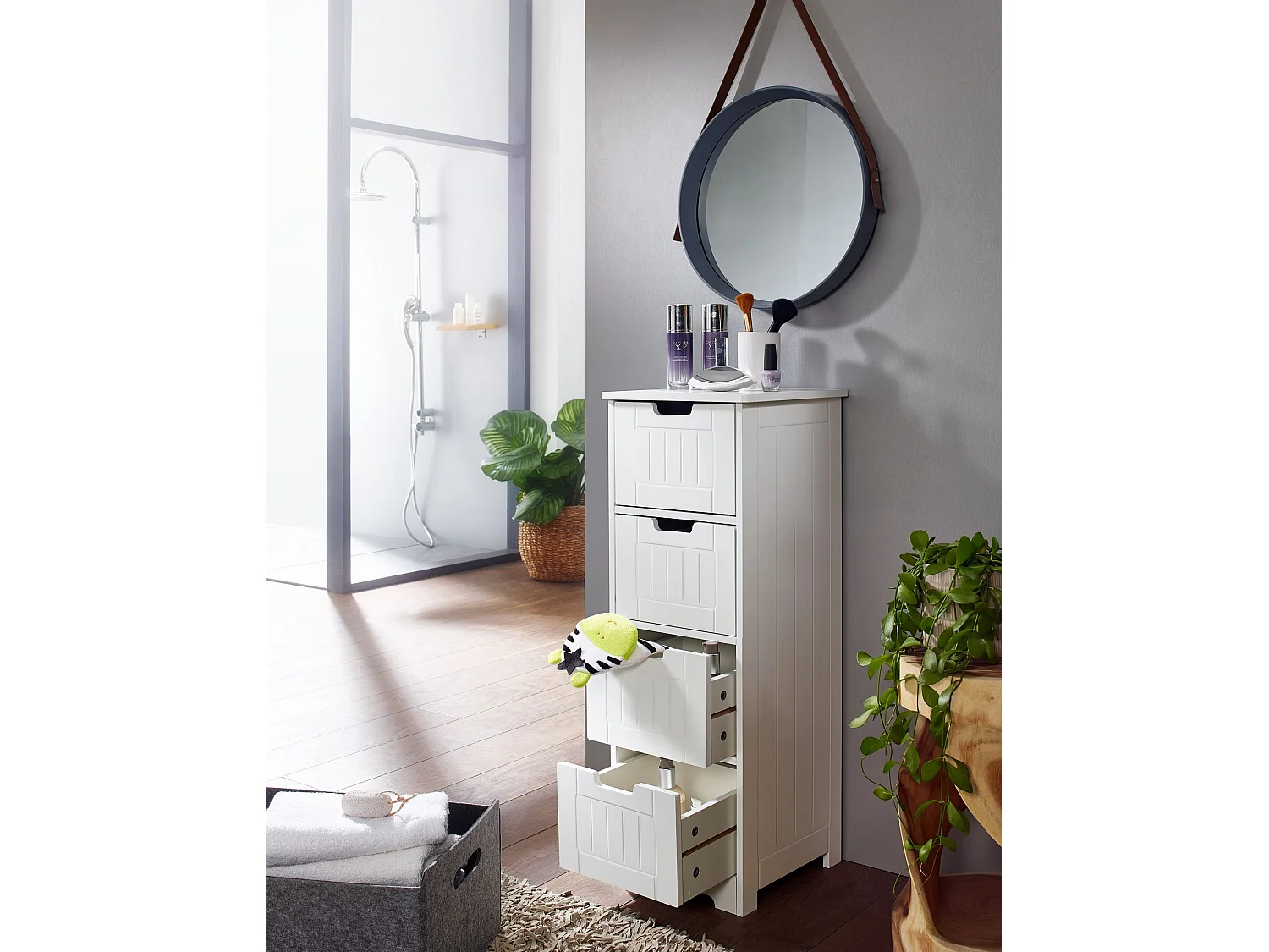 Badschrank Landhaus Badezimmerschrank Holz weiß Schubladen Beistellschrank klein