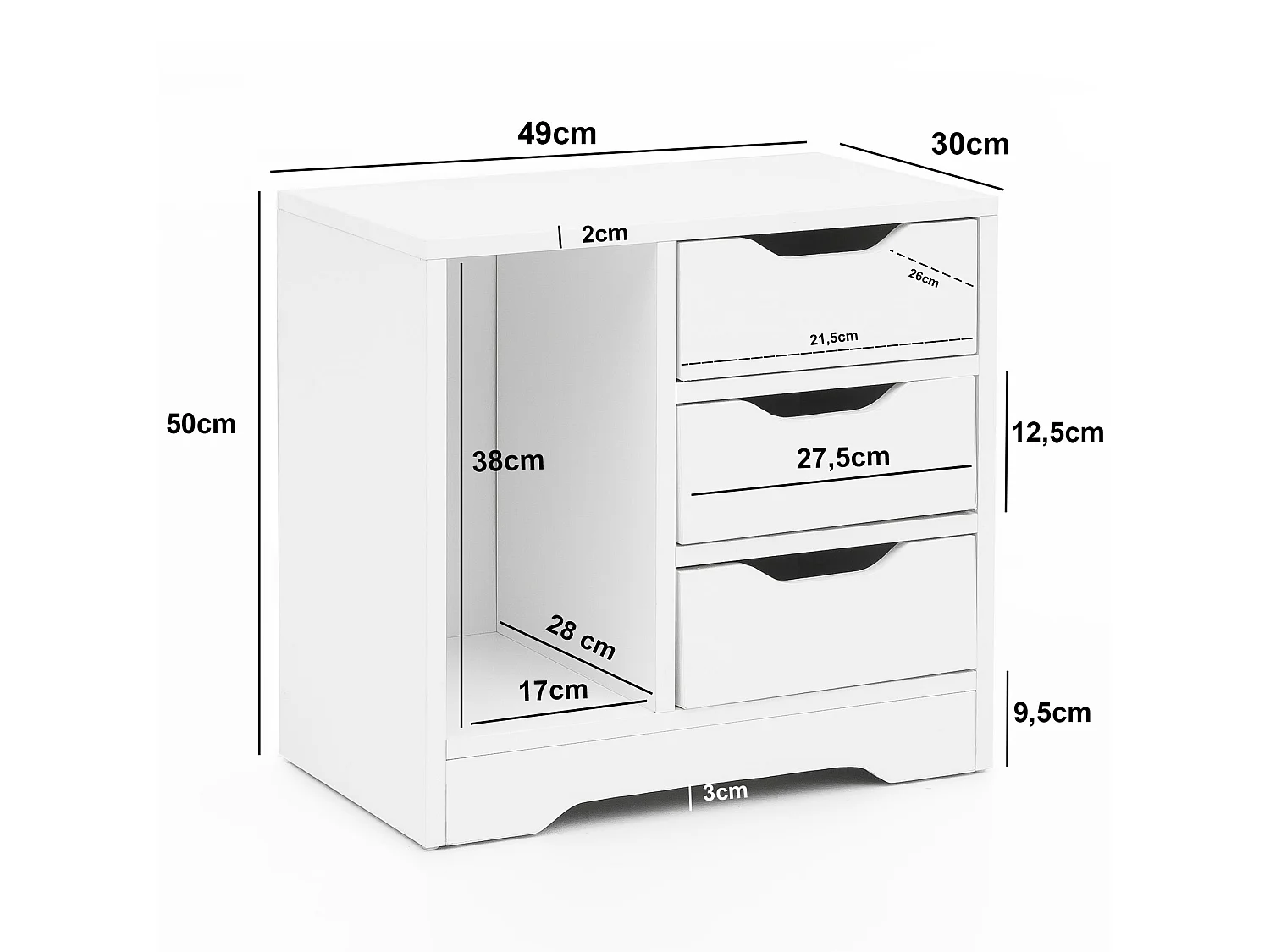 Comodino Bianco Camera da Letto 49x50x30 cm Moderno Tavolino 3 Cassetti