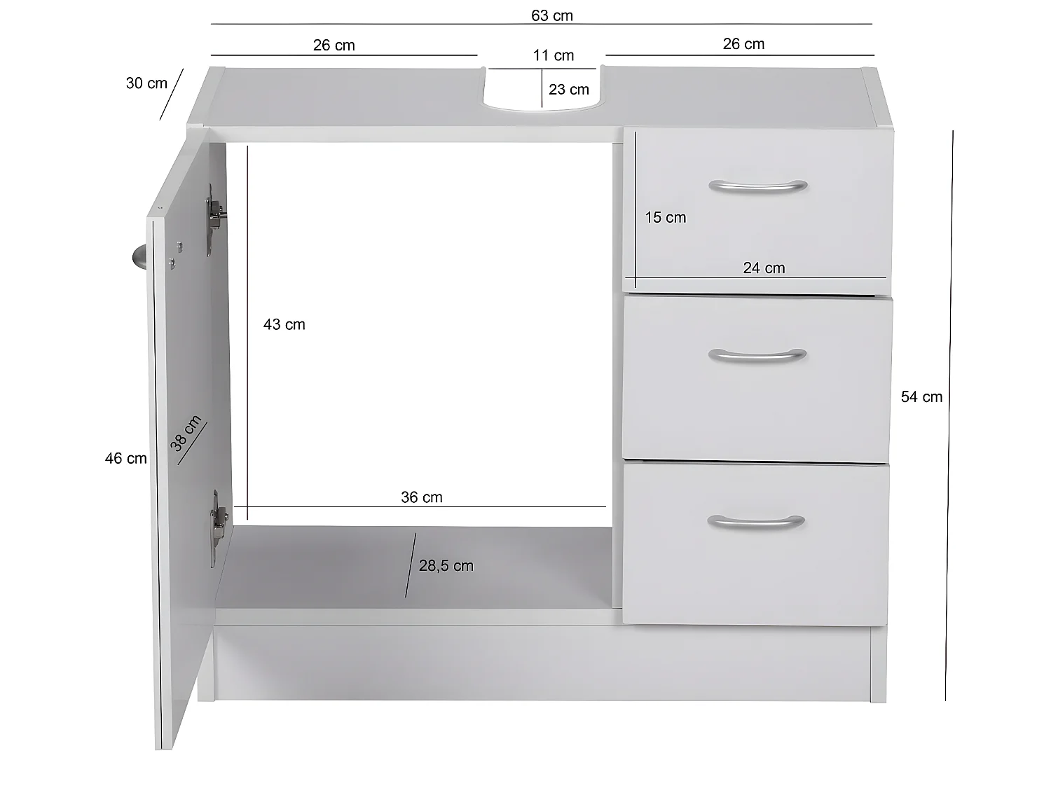 Mobile Base Lavabo 63 x 54 x 30 cm Legno Bianco con 1 Ante e 3 Cassetti