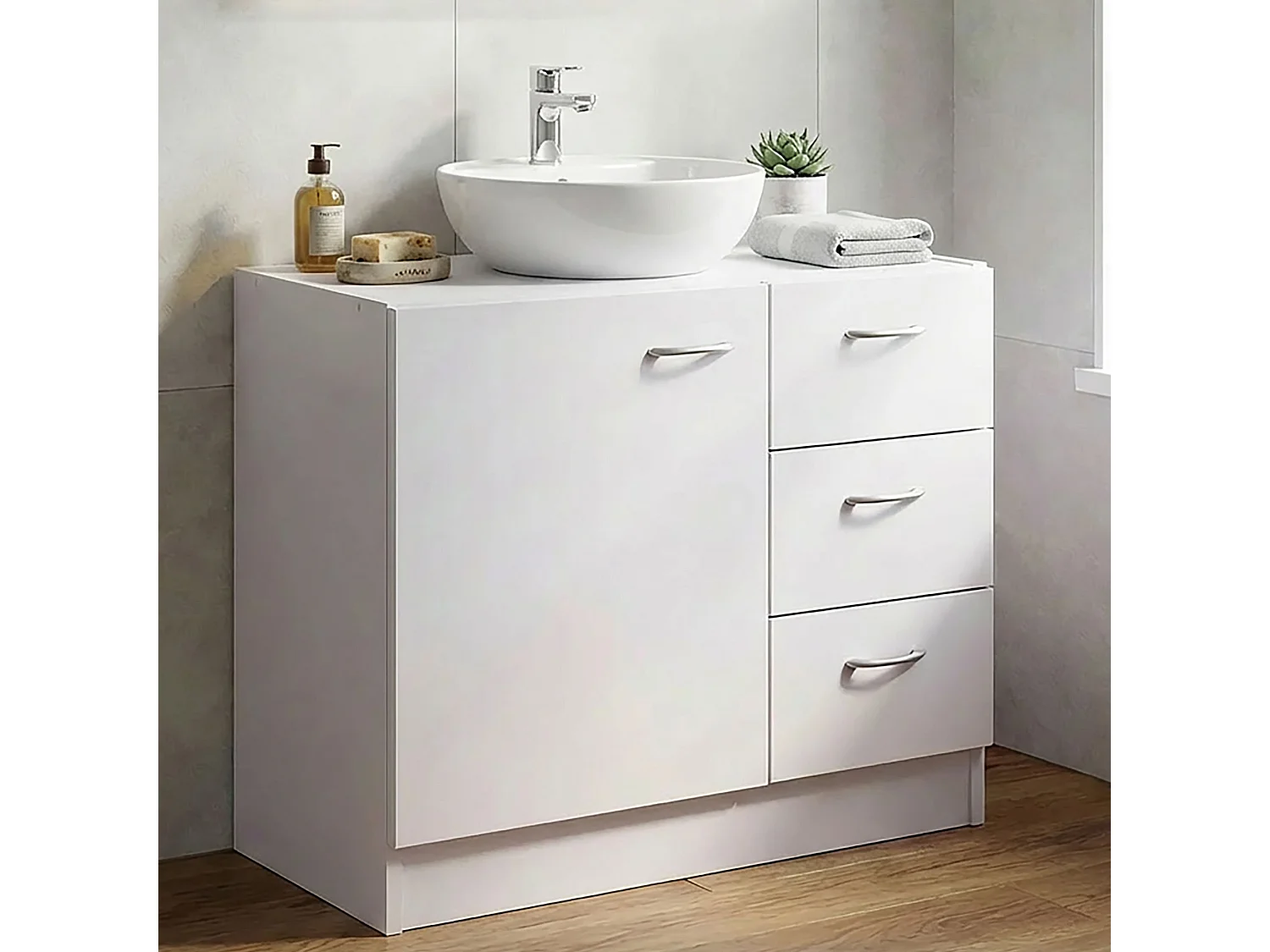 Mobile Base Lavabo 63 x 54 x 30 cm Legno Bianco con 1 Ante e 3 Cassetti