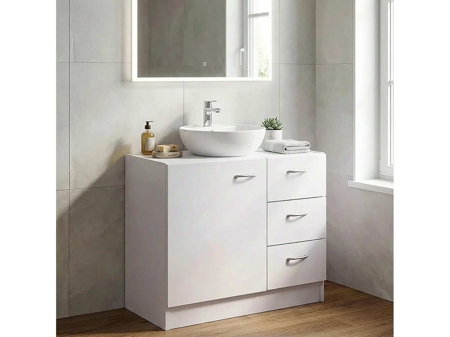 Mobile Base Lavabo 63 x 54 x 30 cm Legno Bianco con 1 Ante e 3 Cassetti