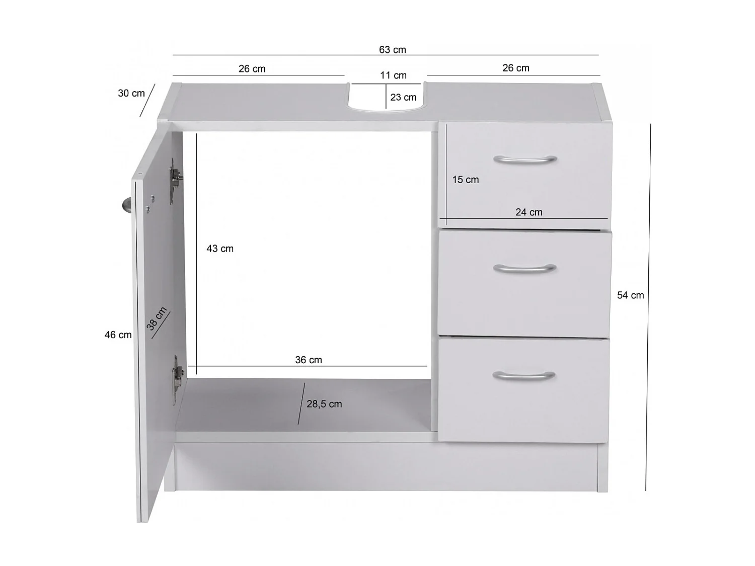 Mobile Base Lavabo 63 x 54 x 30 cm Legno Bianco con 1 Ante e 3 Cassetti