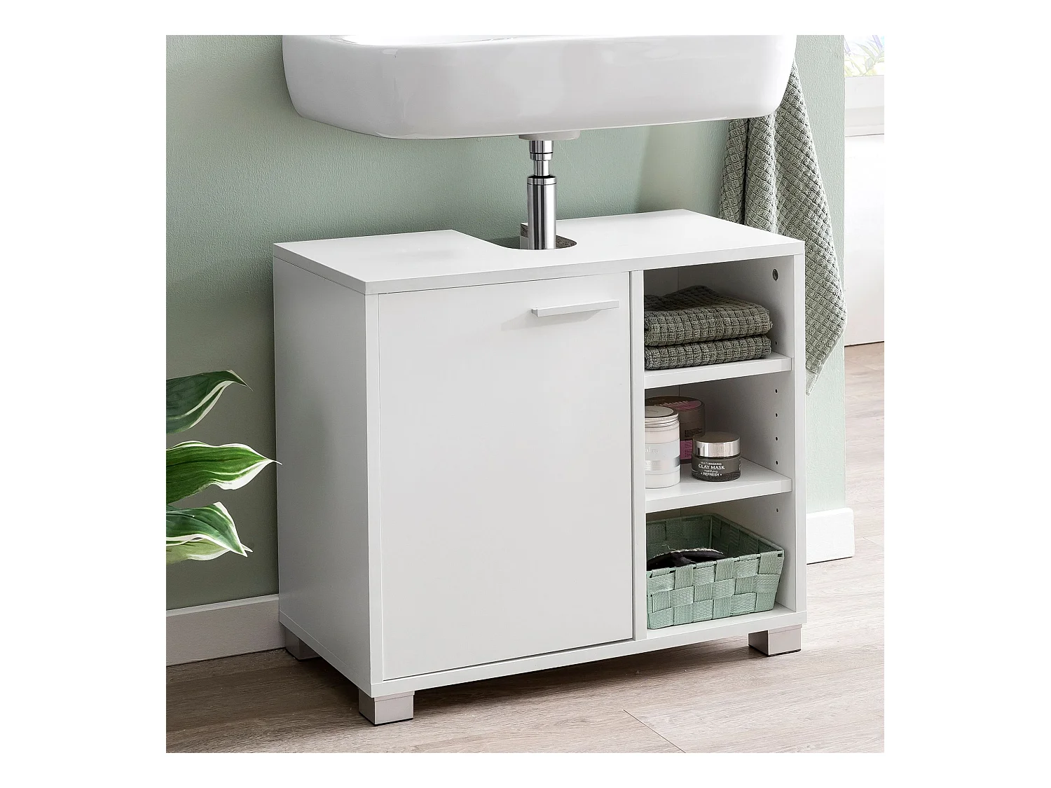Mobile Base Lavabo 60x55x32 cm Bianco con 1 Ante e 3 Scomparti Aperti