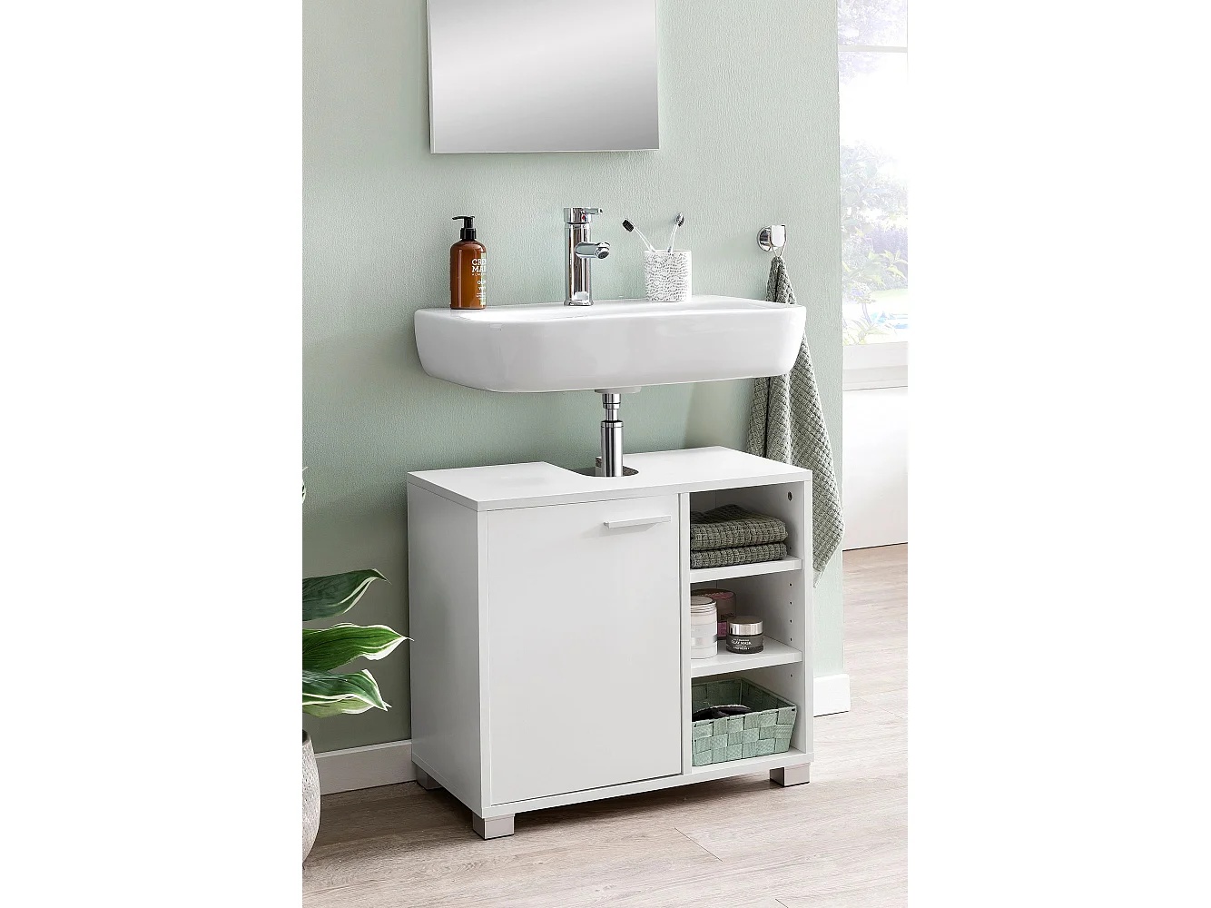 Mobile Base Lavabo 60x55x32 cm Bianco con 1 Ante e 3 Scomparti Aperti