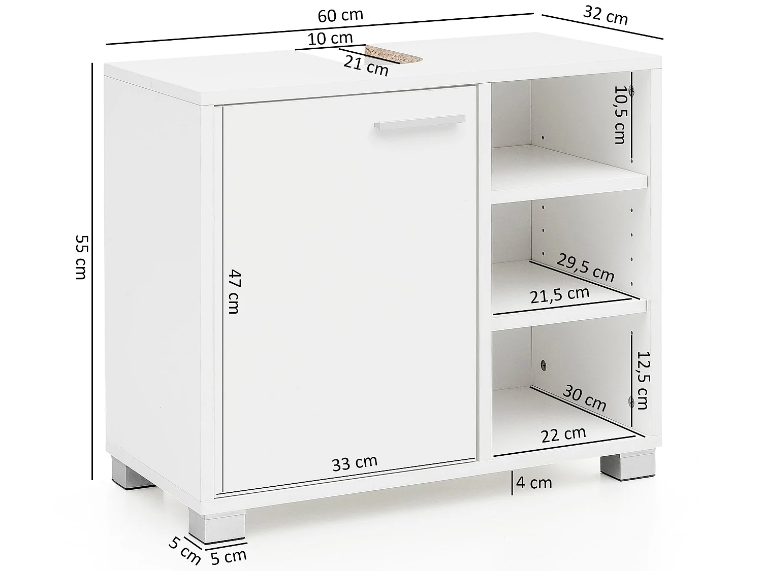 Mobile Base Lavabo 60x55x32 cm Bianco con 1 Ante e 3 Scomparti Aperti