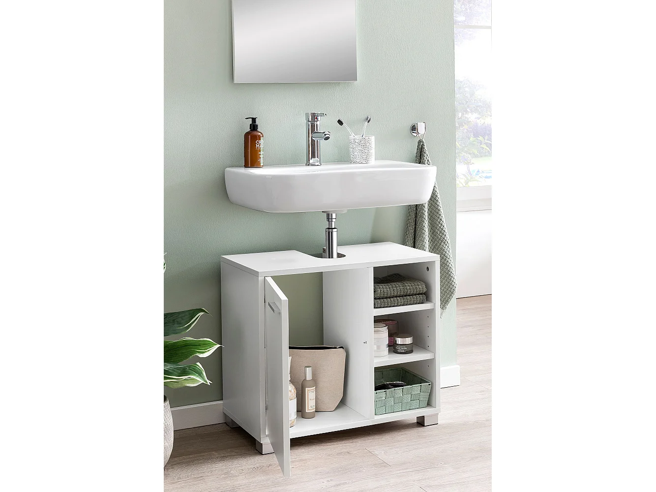 Mobile Base Lavabo 60x55x32 cm Bianco con 1 Ante e 3 Scomparti Aperti
