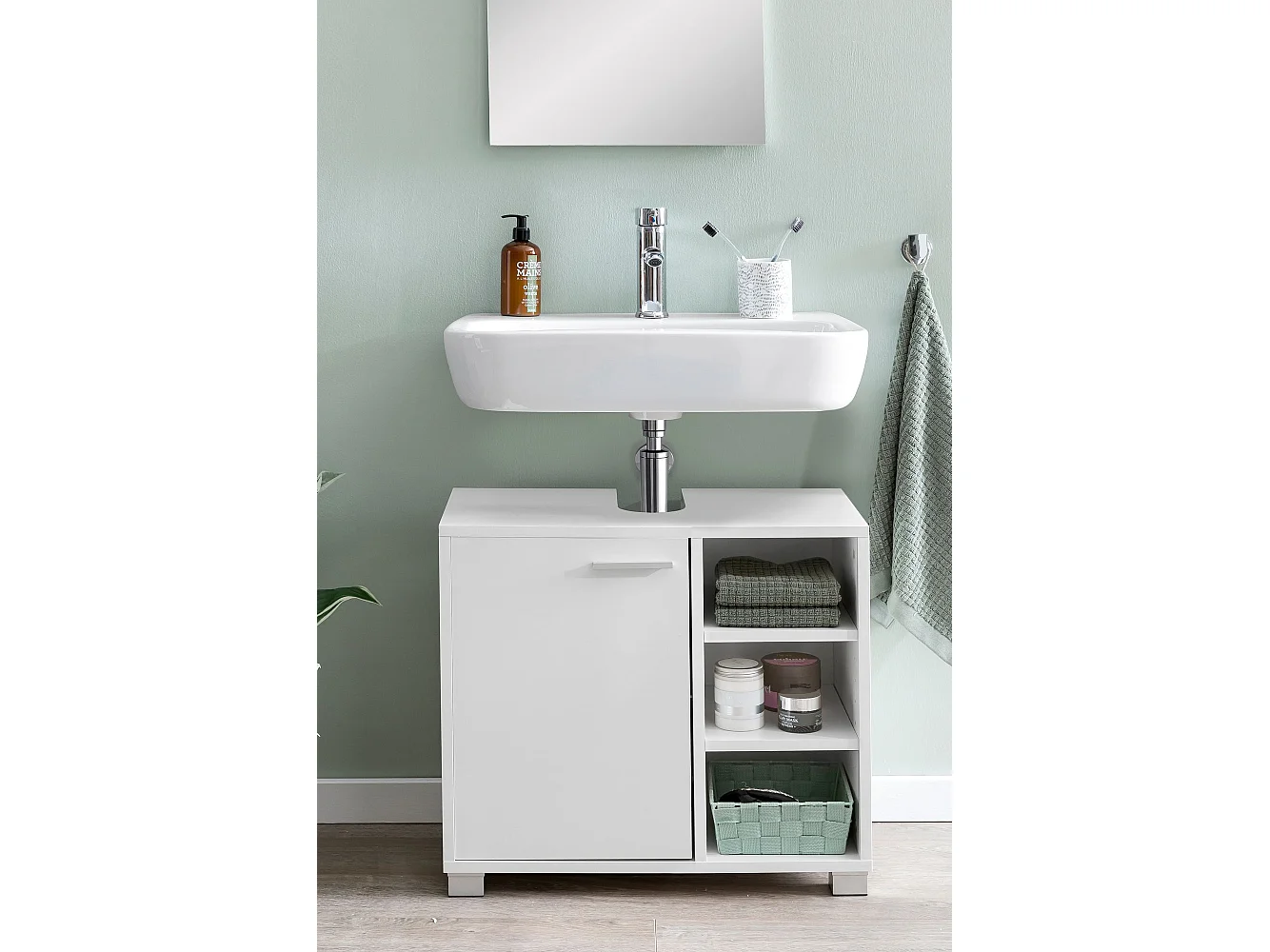 Mobile Base Lavabo 60x55x32 cm Bianco con 1 Ante e 3 Scomparti Aperti