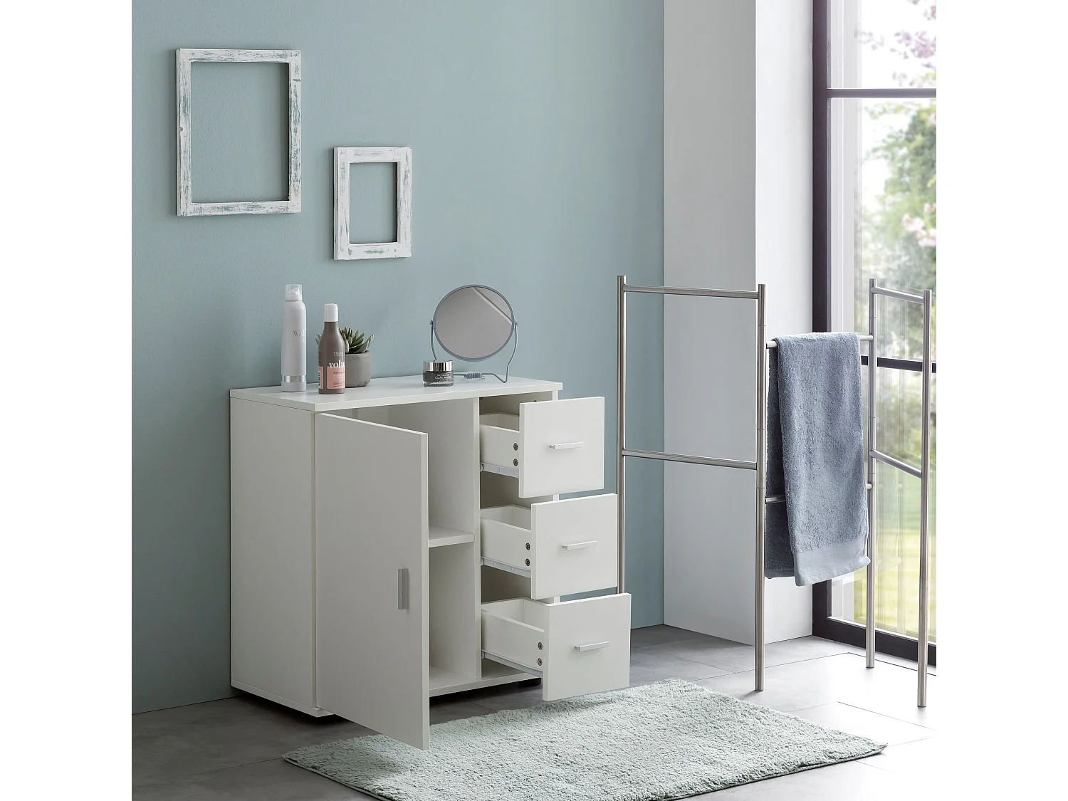 Badschrank FB52416 Midischrank Weiß Badezimmerschrank Matt Kommode