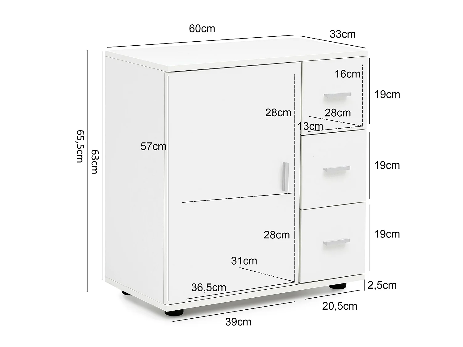 Mobiletto Bagno Salvaspazio Bianco 60x60,5x33 cm Armadio con 3 Cassetti