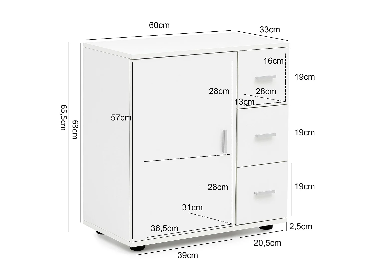 Armoire de Salle de Bain 60x65,5x33cm Commode avec Tiroir et Porte Blanc