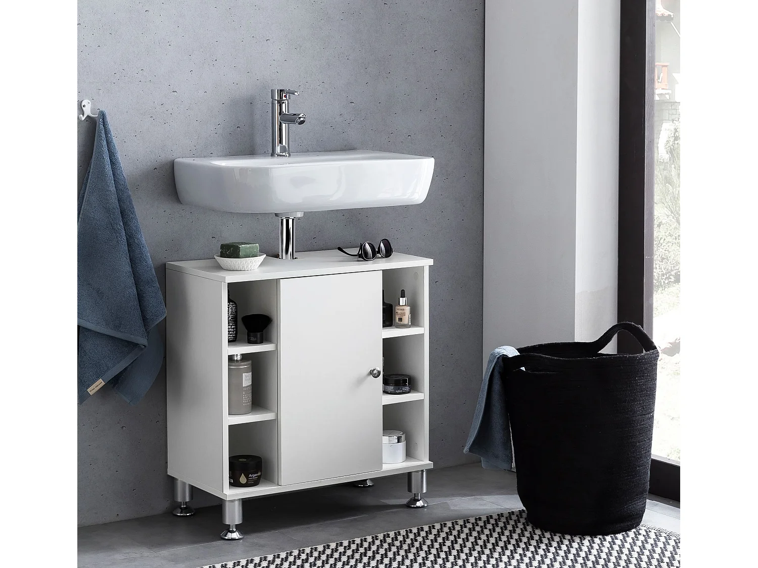Mobile Base Lavabo 60x64x32cm Bianco con Anta Mobiletto da Bagno Moderno
