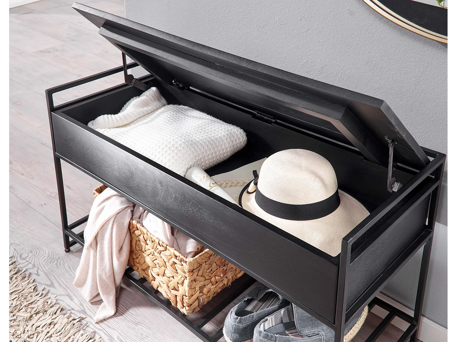 Sitzbank  Flurbank mit Stauraum 90x52x38 cm Massivholz Bank Flur Truhe