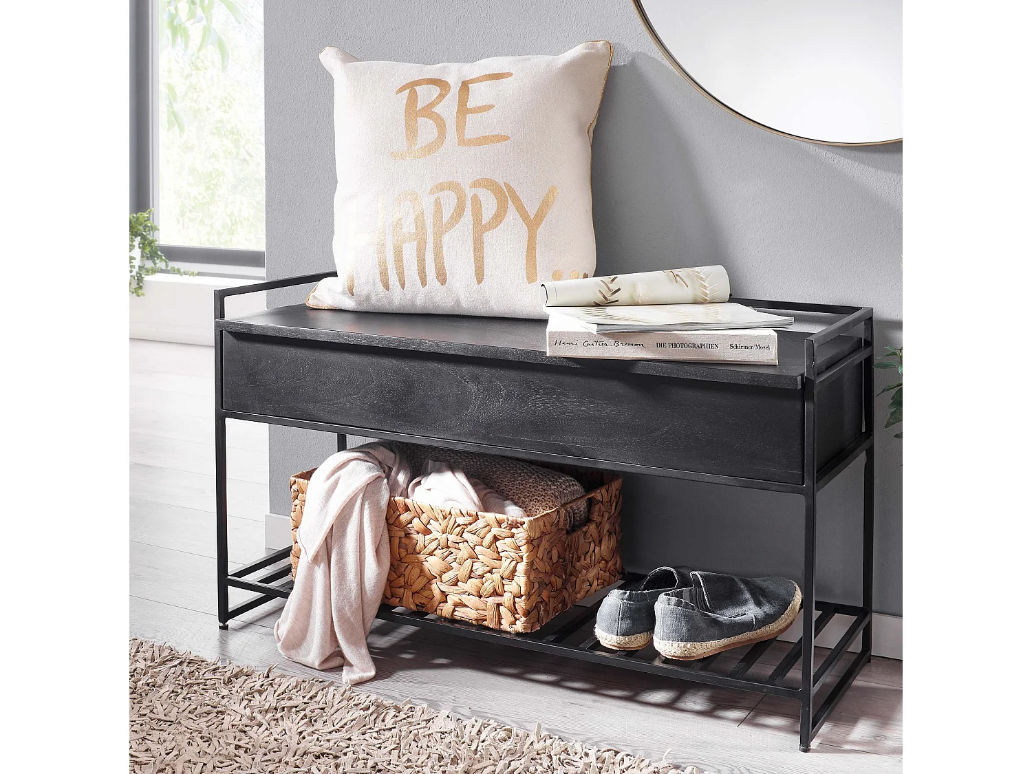 Banc avec Espace de Rangement 90 cm Bois Massif Banquette Couloir Métal