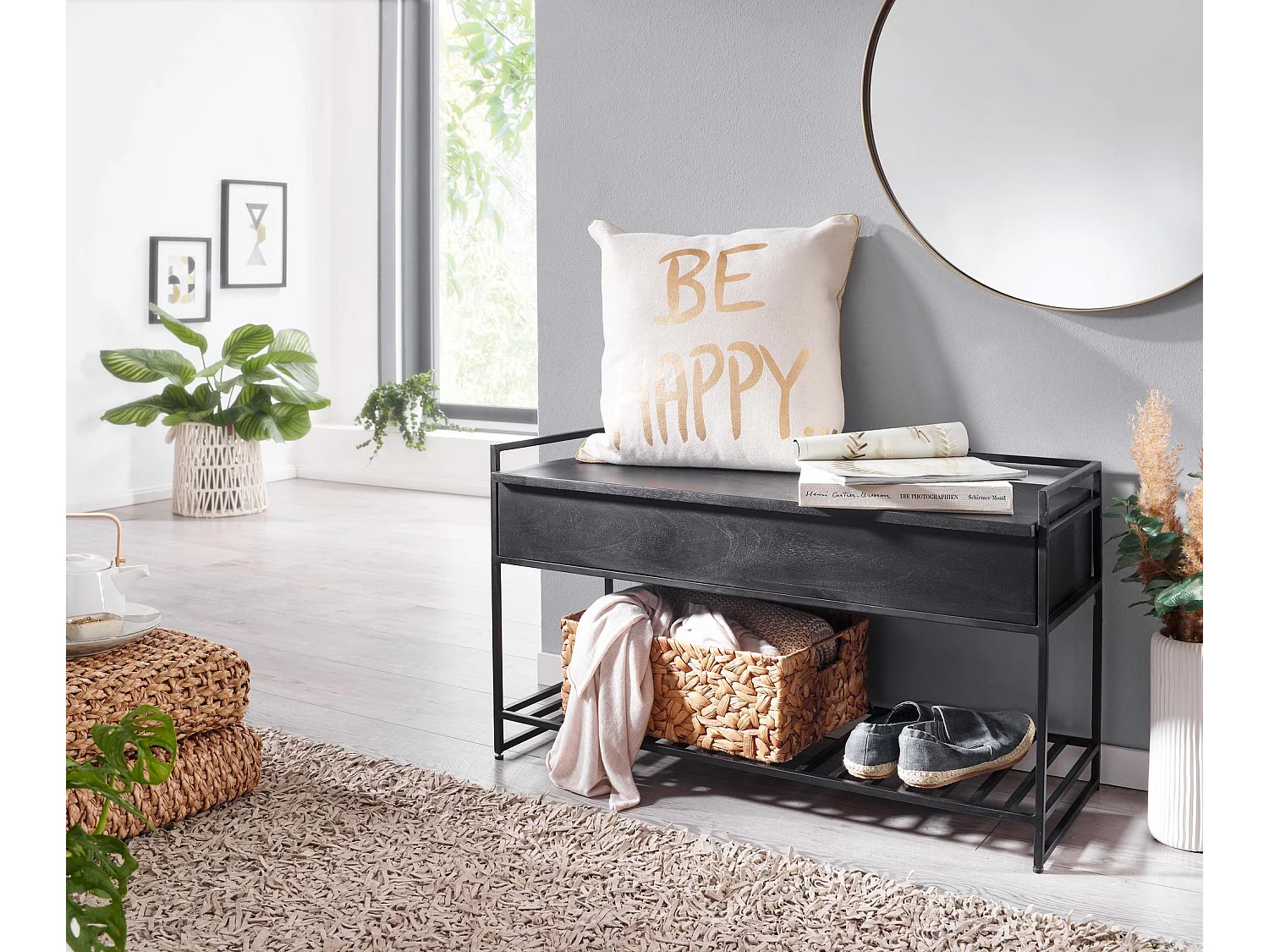 Banc avec Espace de Rangement 90 cm Bois Massif Banquette Couloir Métal