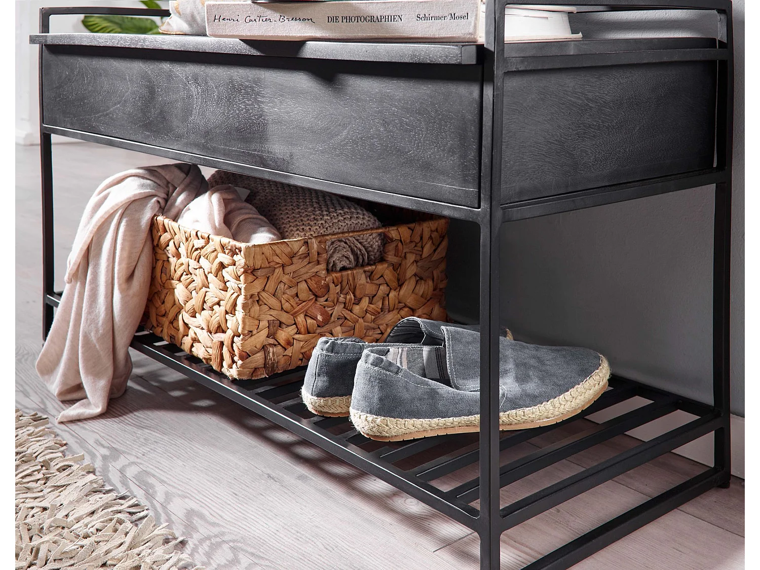 Banc avec Espace de Rangement 90 cm Bois Massif Banquette Couloir Métal