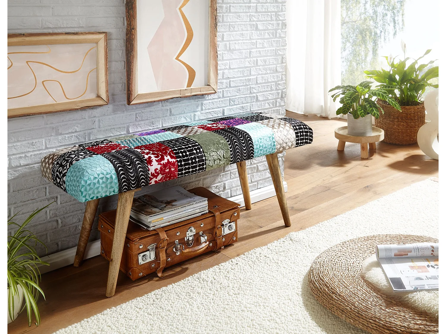 Sitzbank  Bettbank Samt 117 cm Patchwork Flurbank Polsterbank Bank Modern