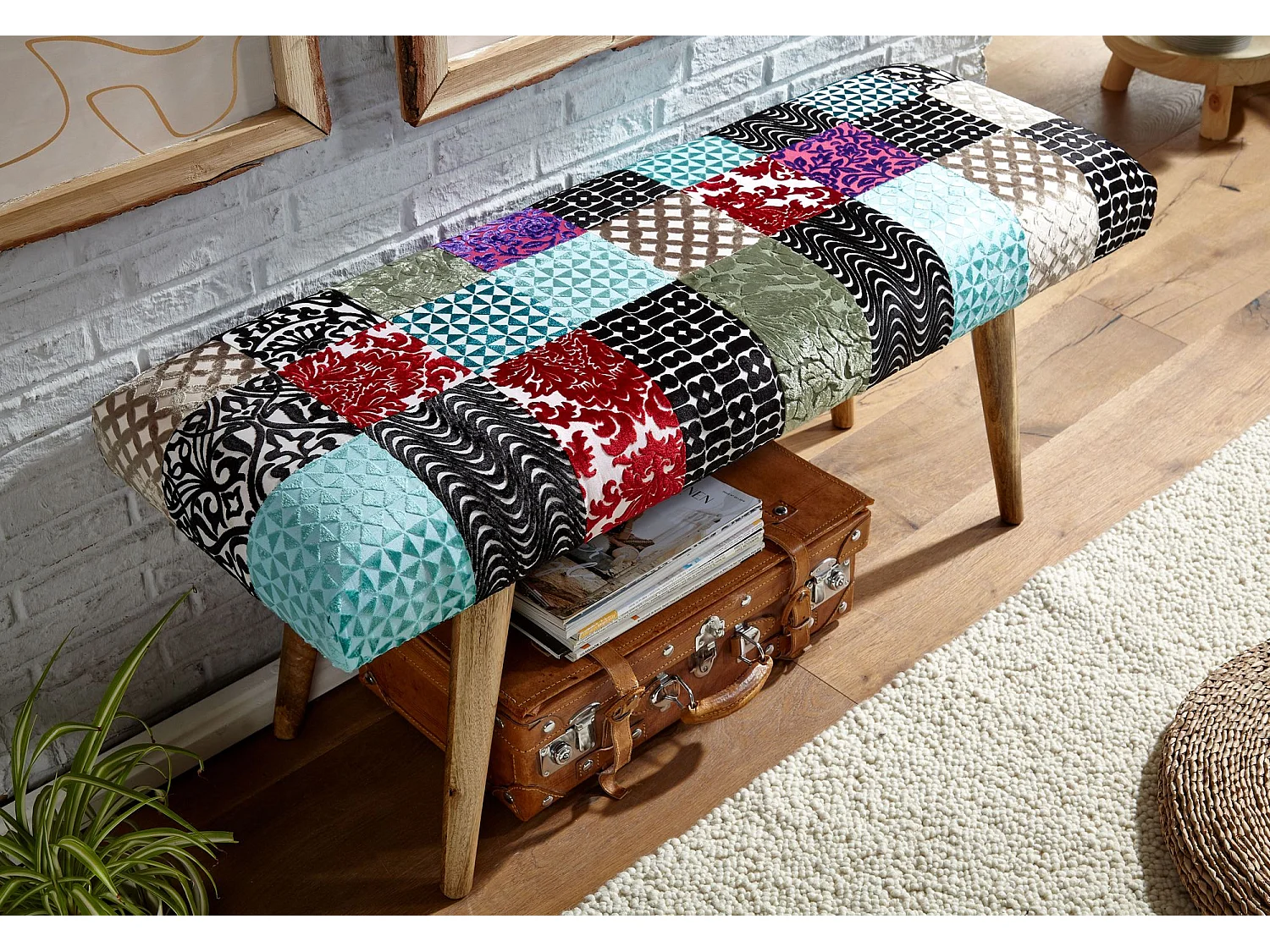 Sitzbank  Bettbank Samt 117 cm Patchwork Flurbank Polsterbank Bank Modern