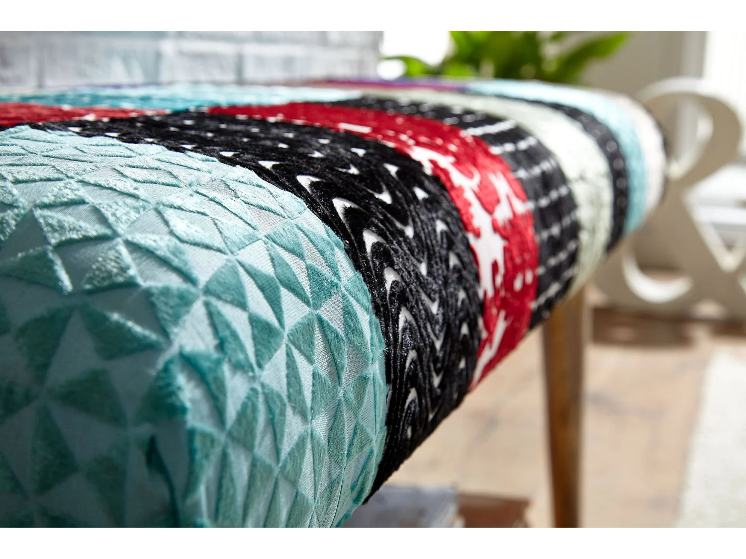 Sitzbank  Bettbank Samt 117 cm Patchwork Flurbank Polsterbank Bank Modern