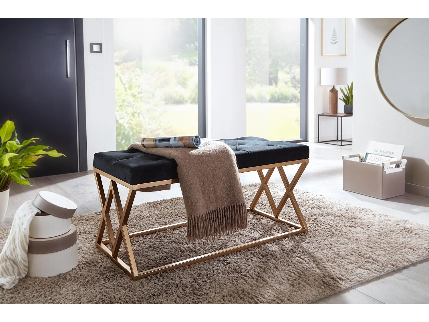 Sitzbank  Polsterbank Schwarz 90 cm Bettbank Chesterfield Flurbank Samt