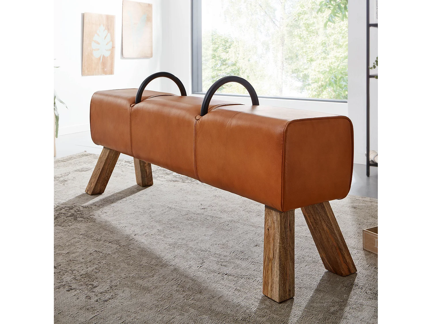 Banc Cuir véritable / Bois Massif 133x60,5x34cm Moderne Banquette de Lit