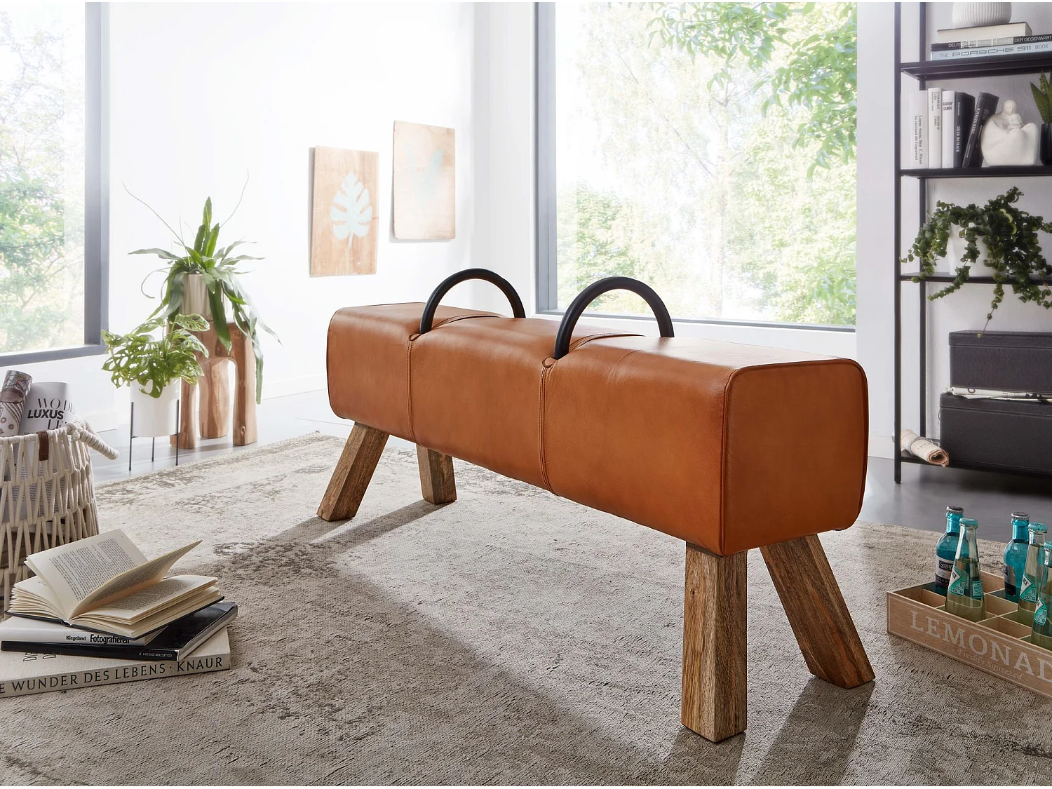 Banc Cuir véritable / Bois Massif 133x60,5x34cm Moderne Banquette de Lit