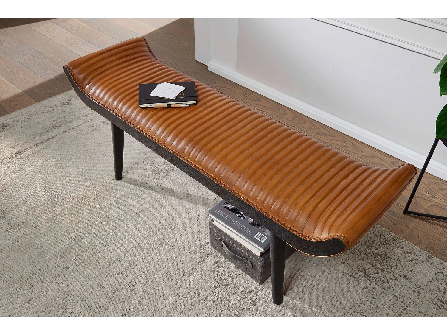 Sitzbank Echtleder / Holz Polsterbank 125x51x38 cm Bettbank Flurbank