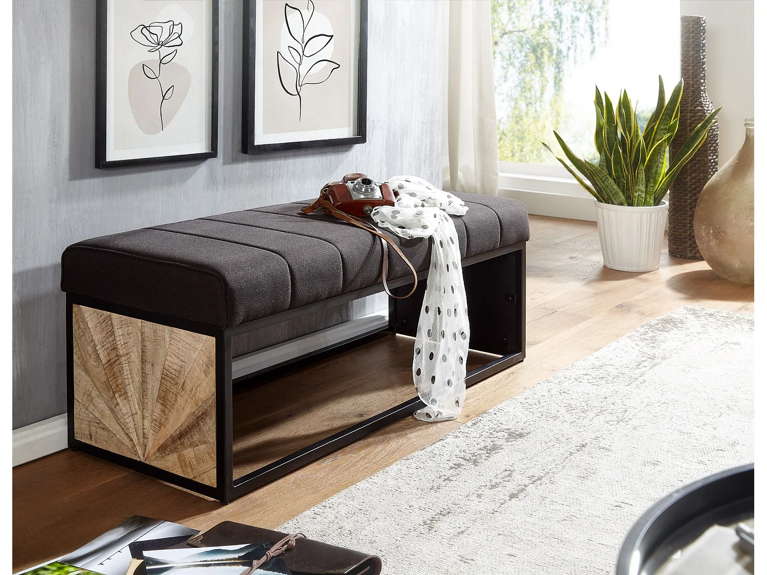 Sitzbank  Polsterbank Schwarz 105 cm Bettbank Schlafzimmer Flurbank Stoff