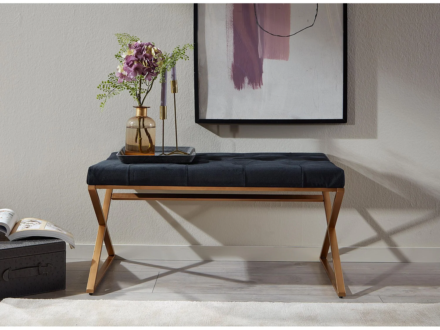 Sitzbank  Polsterbank Schwarz 90 cm Bettbank Chesterfield Flurbank Samt