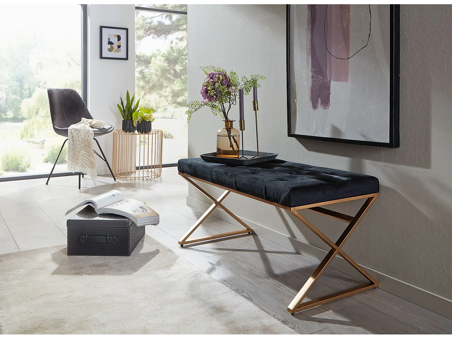 Sitzbank  Polsterbank Schwarz 90 cm Bettbank Chesterfield Flurbank Samt