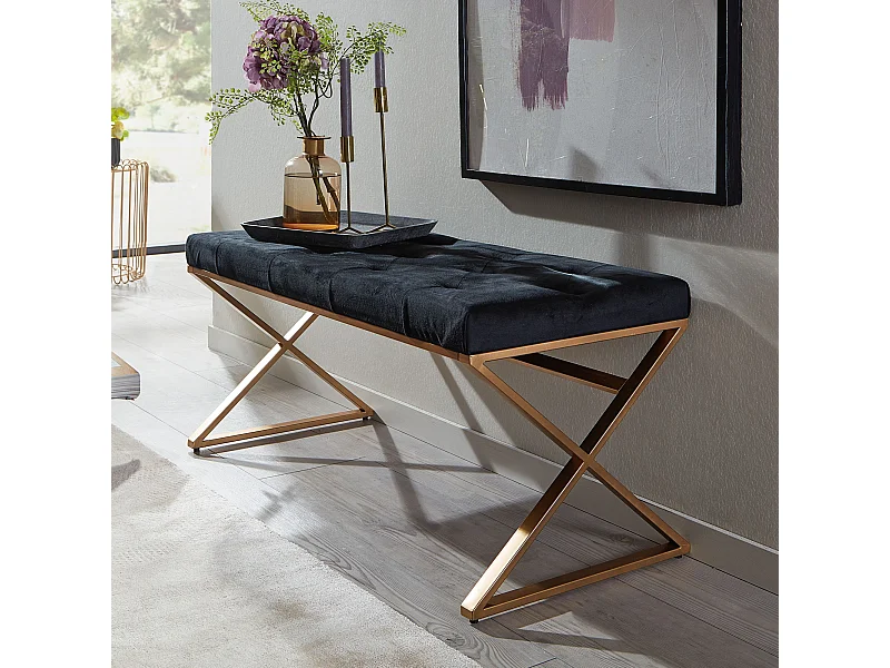 Banc Velours 90 cm Métal Rembourré Banquette Couloir Tissu Noir Moderne