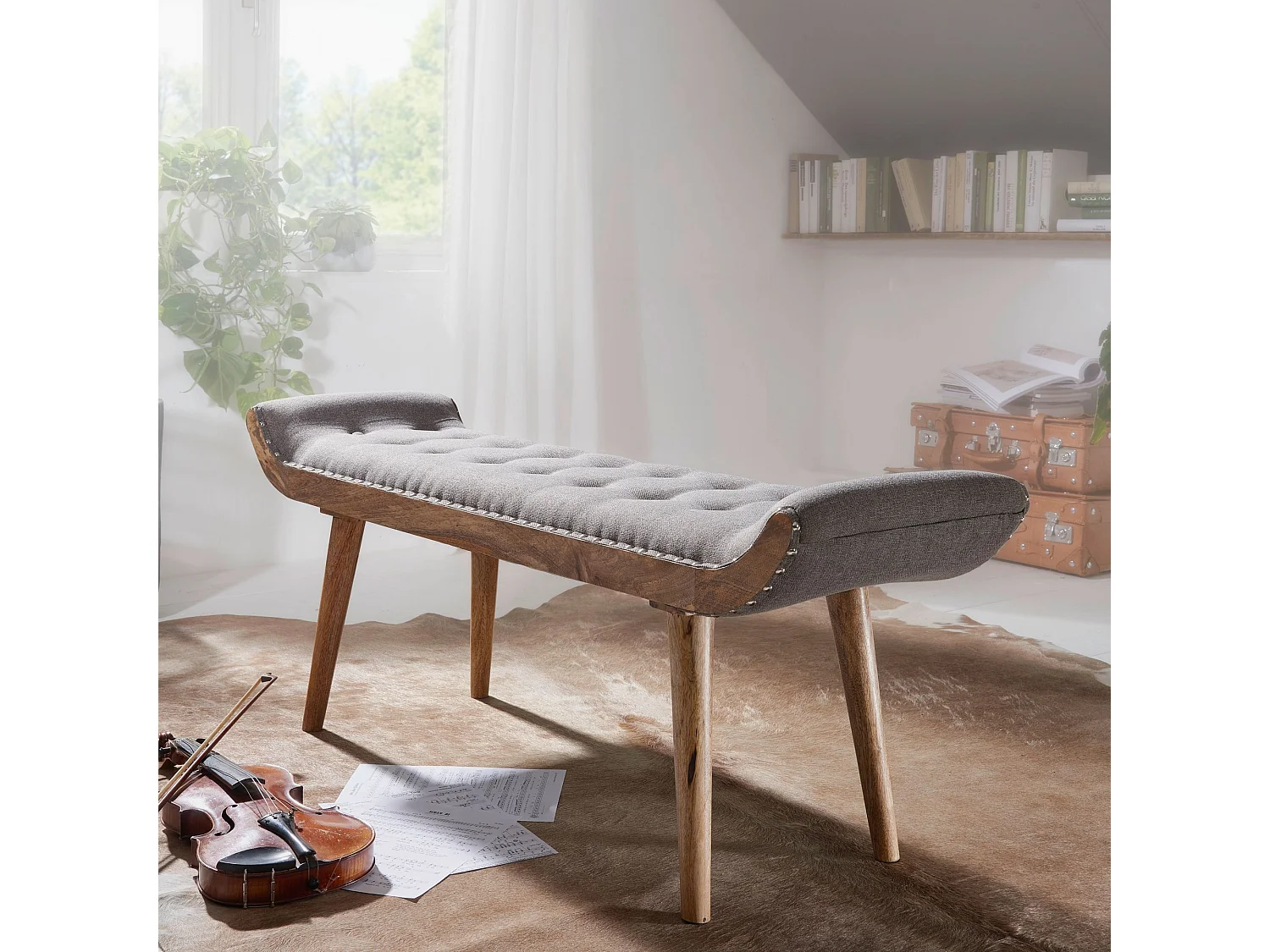 Sitzbank Stoff / Holz Polsterbank 125x51x38 cm Grau Bettbank Flurbank