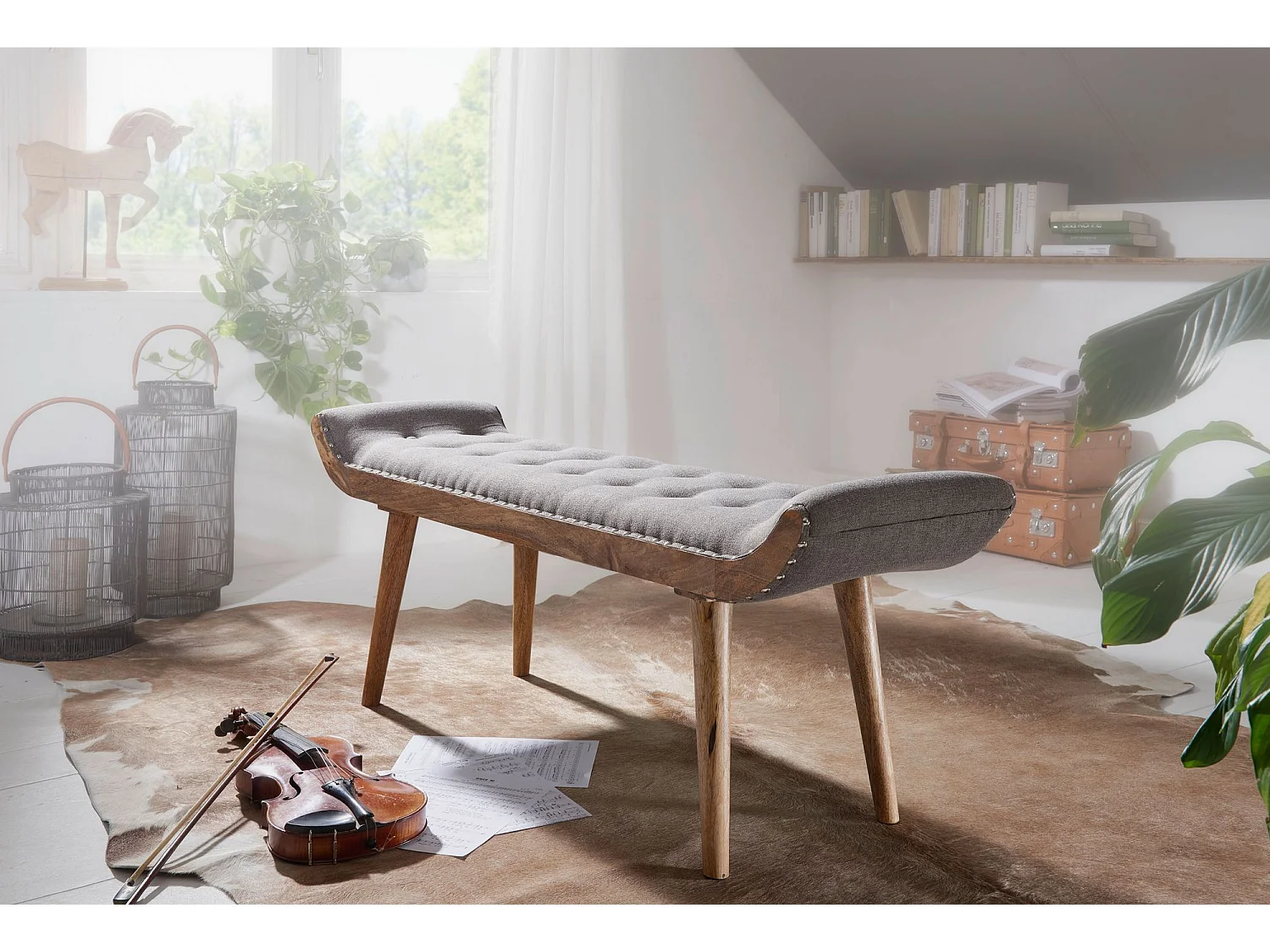 Sitzbank Stoff / Holz Polsterbank 125x51x38 cm Grau Bettbank Flurbank