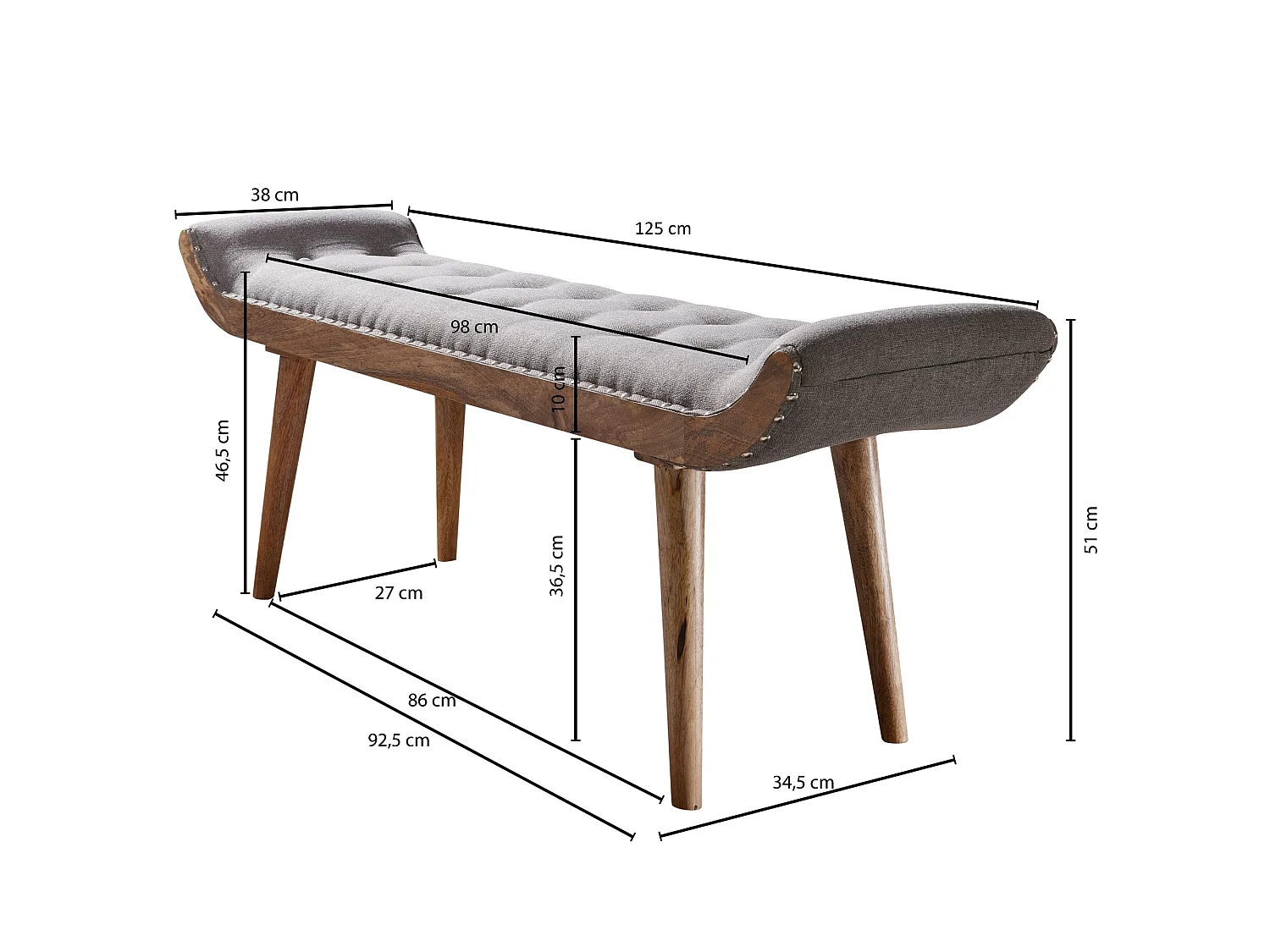 Sitzbank Stoff / Holz Polsterbank 125x51x38 cm Grau Bettbank Flurbank