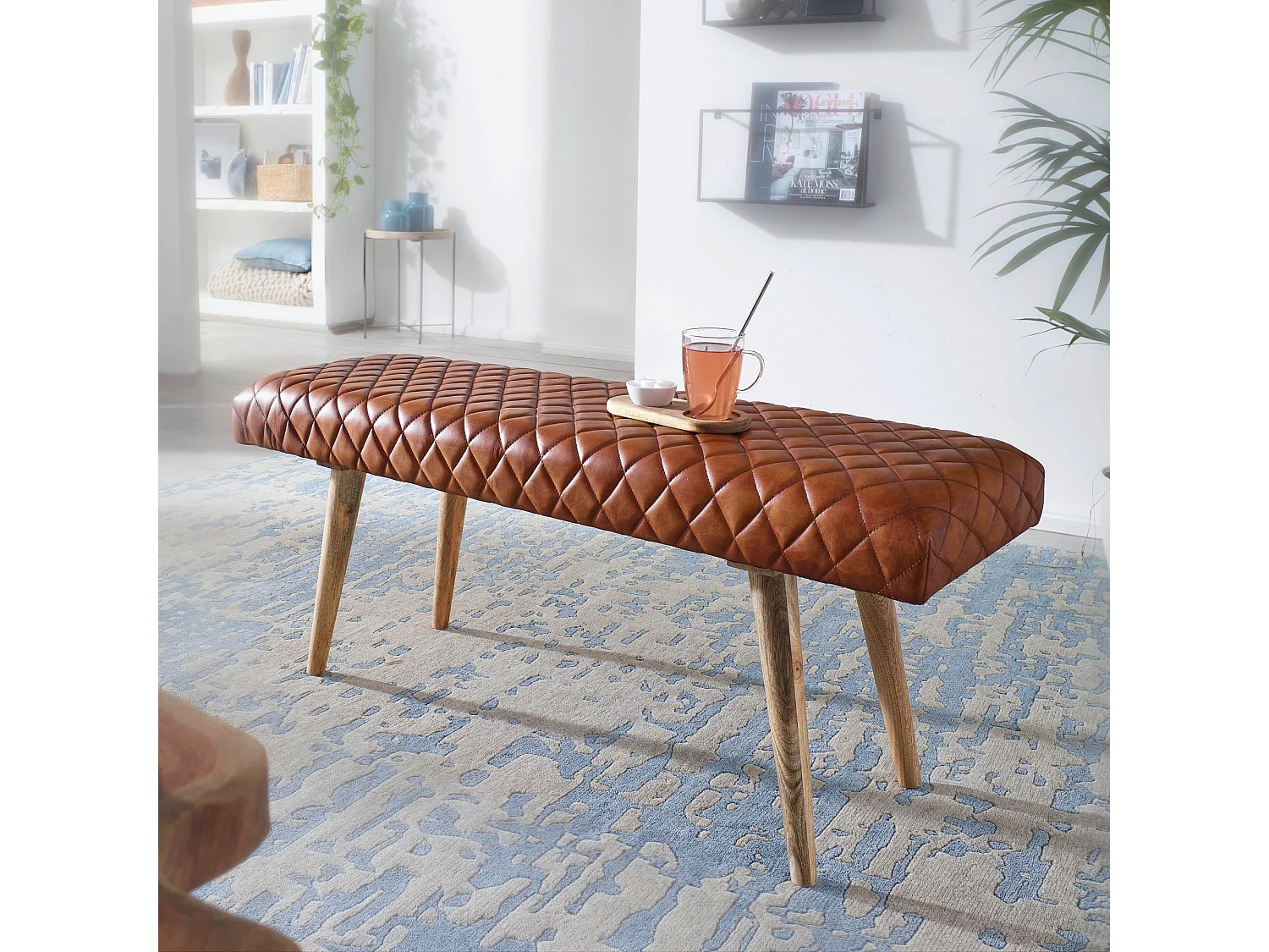 Sitzbank Echtleder 115 cm Springbock Lederbank Flurbank Massivholz Bank