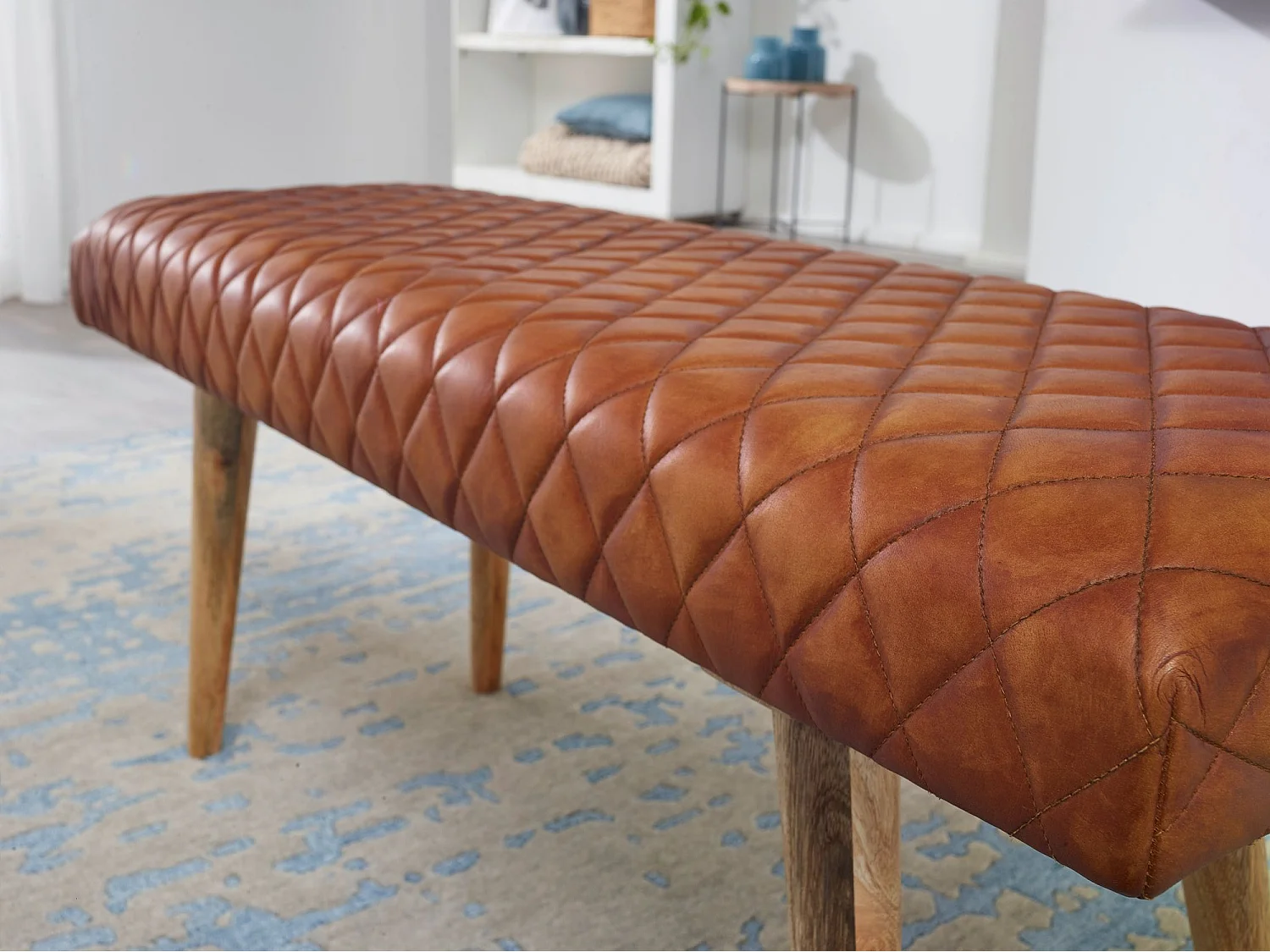 Sitzbank Echtleder 115 cm Springbock Lederbank Flurbank Massivholz Bank